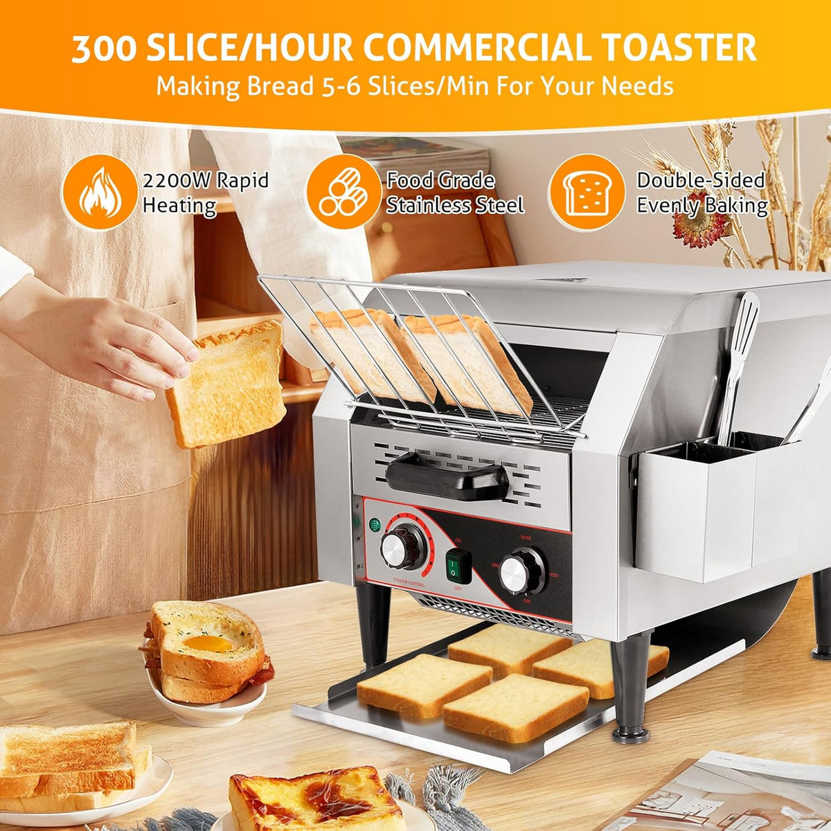 WICHEMI Commercial Toaster 300 Slices/Hour Commercial Conveyor Toaster Electric Stainless Steel Heavy Duty Toasters for Restaurant Bun Bagel Bread, 2200W