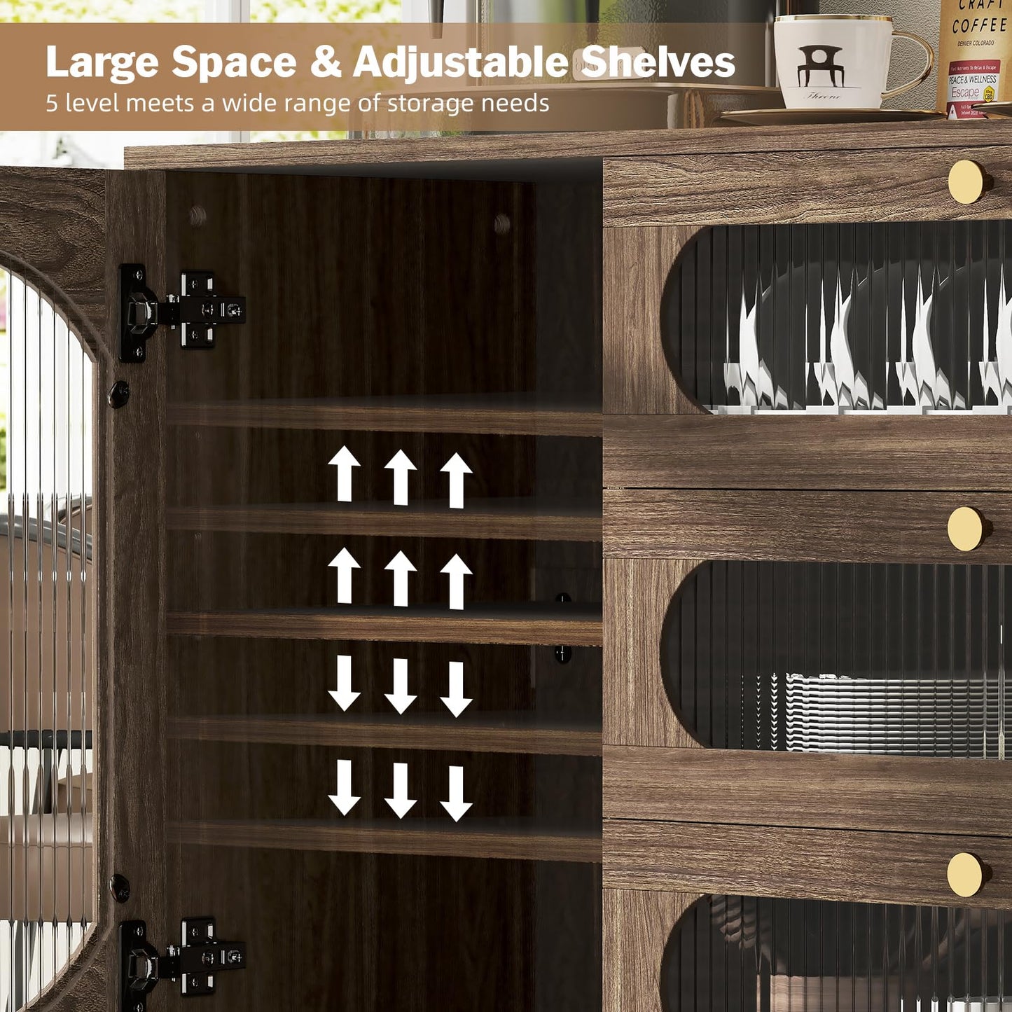 Ludatido Buffet Cabinet with Storage, Sideboard Cabinet with 3 Drawers and Adjustable Shelves, Modern Credenza with Fluted Glass Door for Living Room/Kitchen/Dining Room/Entryway, Walnut