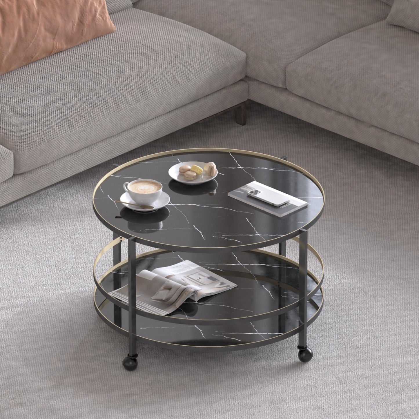 DYZAIMAX Round Coffee Table with Wheels & 2-Tier Design Black Marble-Textured Top, Sturdy Metal Frame & Premium Baked Paint Finish for Living Room, Balcony, Home - Easy Assembly - 31.5"x19.7"
