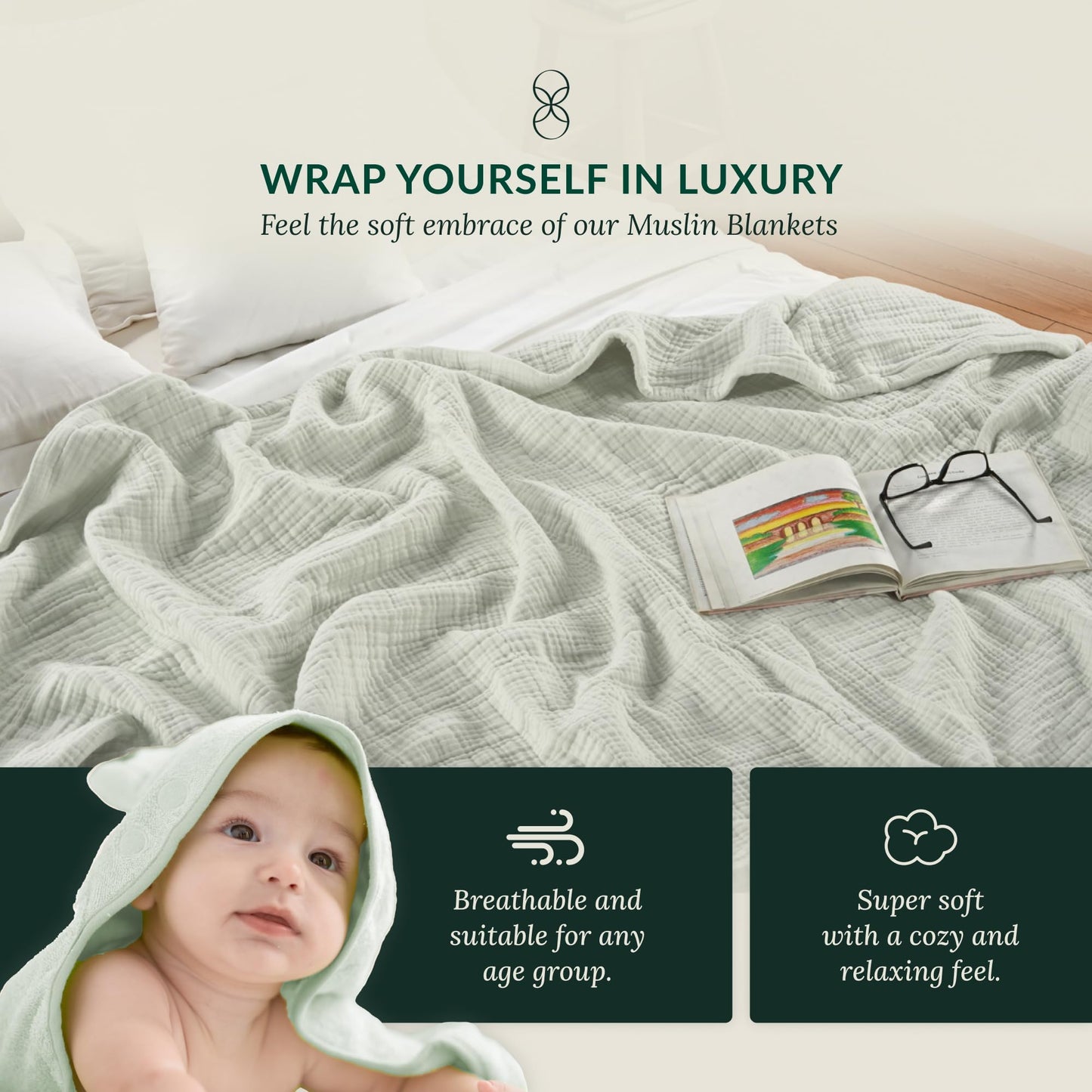 Soft 4 Layer Muslin Cotton Blankets Queen Size for Bed, 100% Cotton Blanket for All Season, Pre-Washed Gauze, Best Summer Blanket, 92x92, Seafoam Green