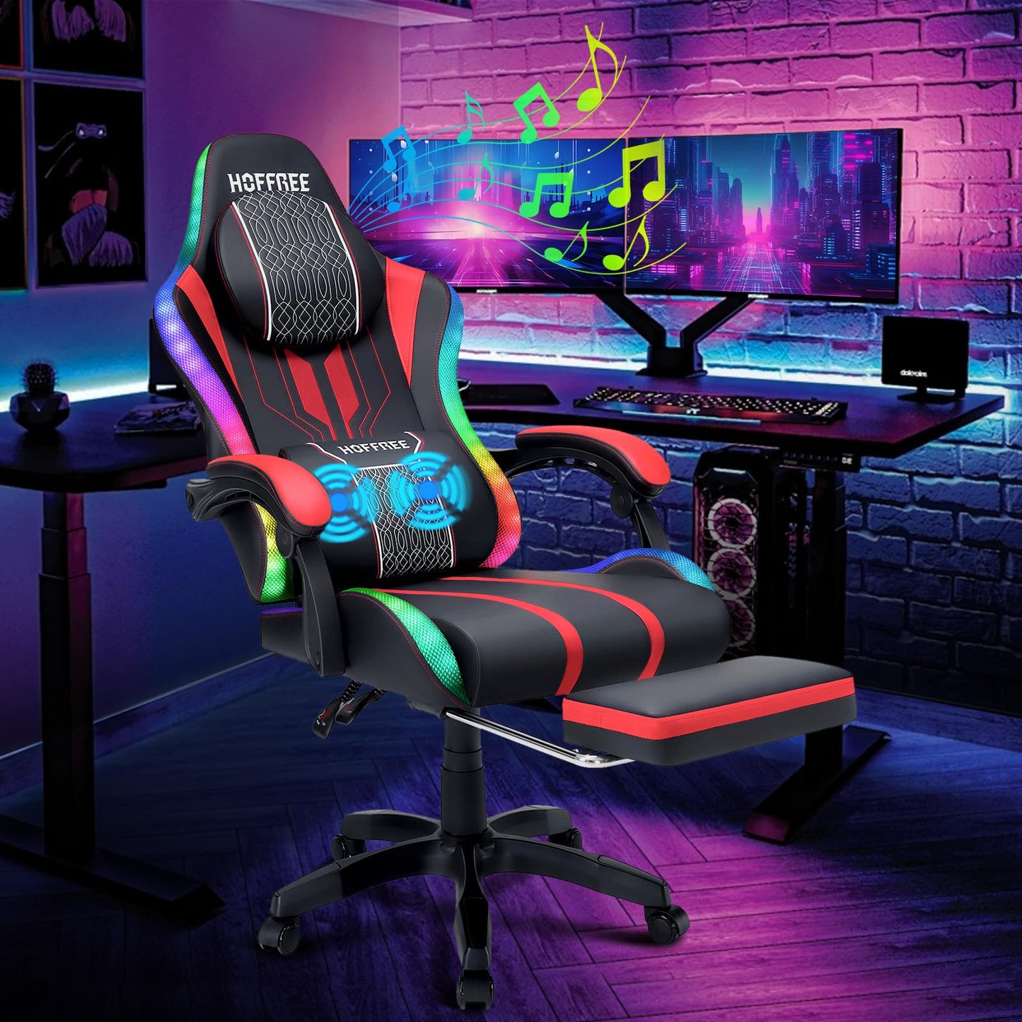HOFFREE LED Gaming Chair Massage with Speakers Game Chair Big and Tall with Footrest Gamer Chair for 400lbs Computer Desk Chair for Adults Red and Black