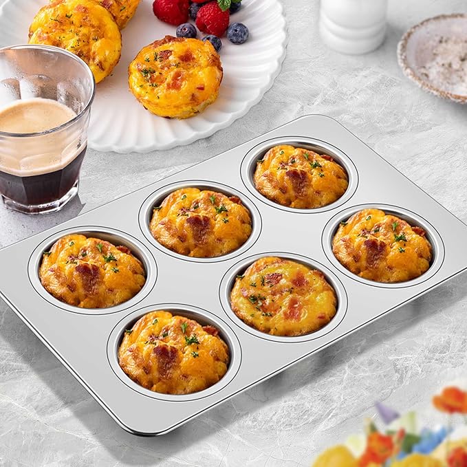 Homikit 1 Pack Muffin Pan, Stainless Steel Cupcake Tin with 6 Cups Regular Size, Thick Metal Egg Bites Bakeware for Oven Baking, Rust Free & Non Toxic, Also Be Snack Tray for Kids, Dishwasher Safe