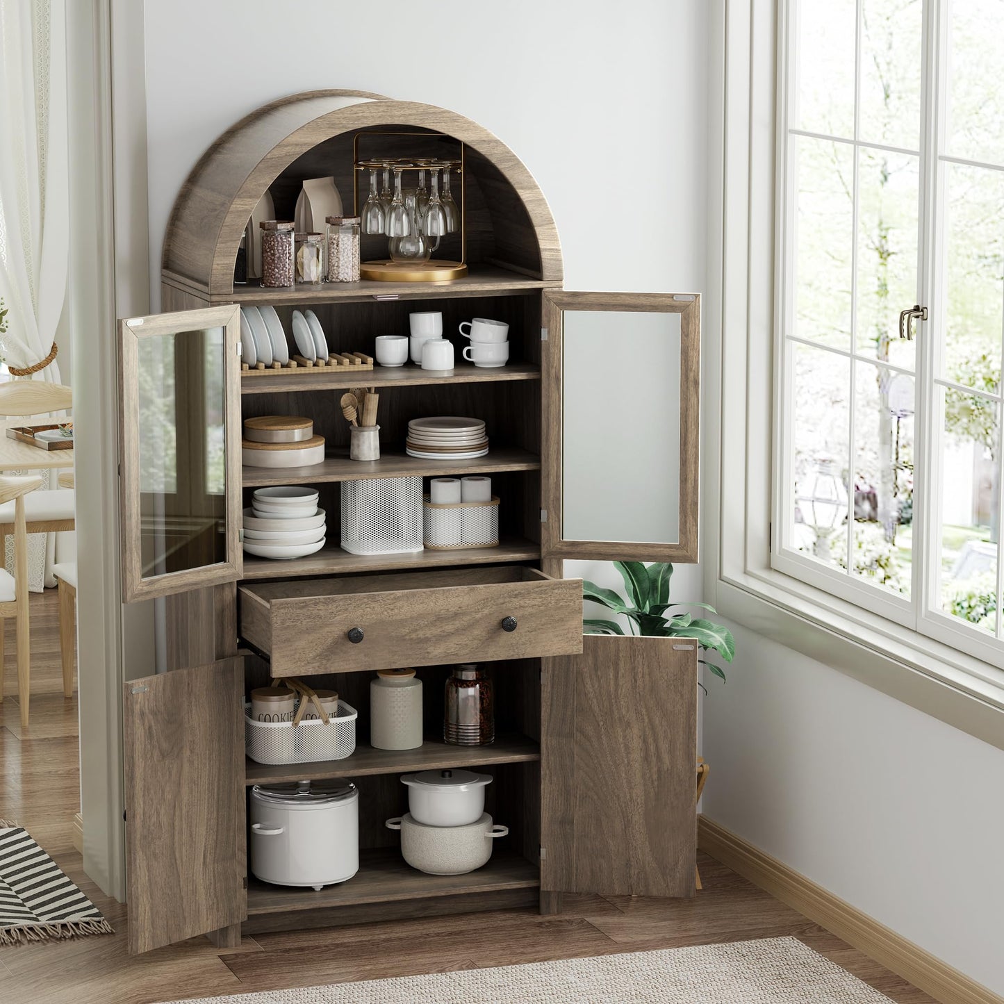 VAXZOFI Arched Kitchen Pantry Cabinet, 71" Tall Wood Kitchens Storage Cabinets with Glass Door and Adjustable Shelves, Modern Farmhouse Versatile Cupboard for Kitchen, Dining Room, Bathroom
