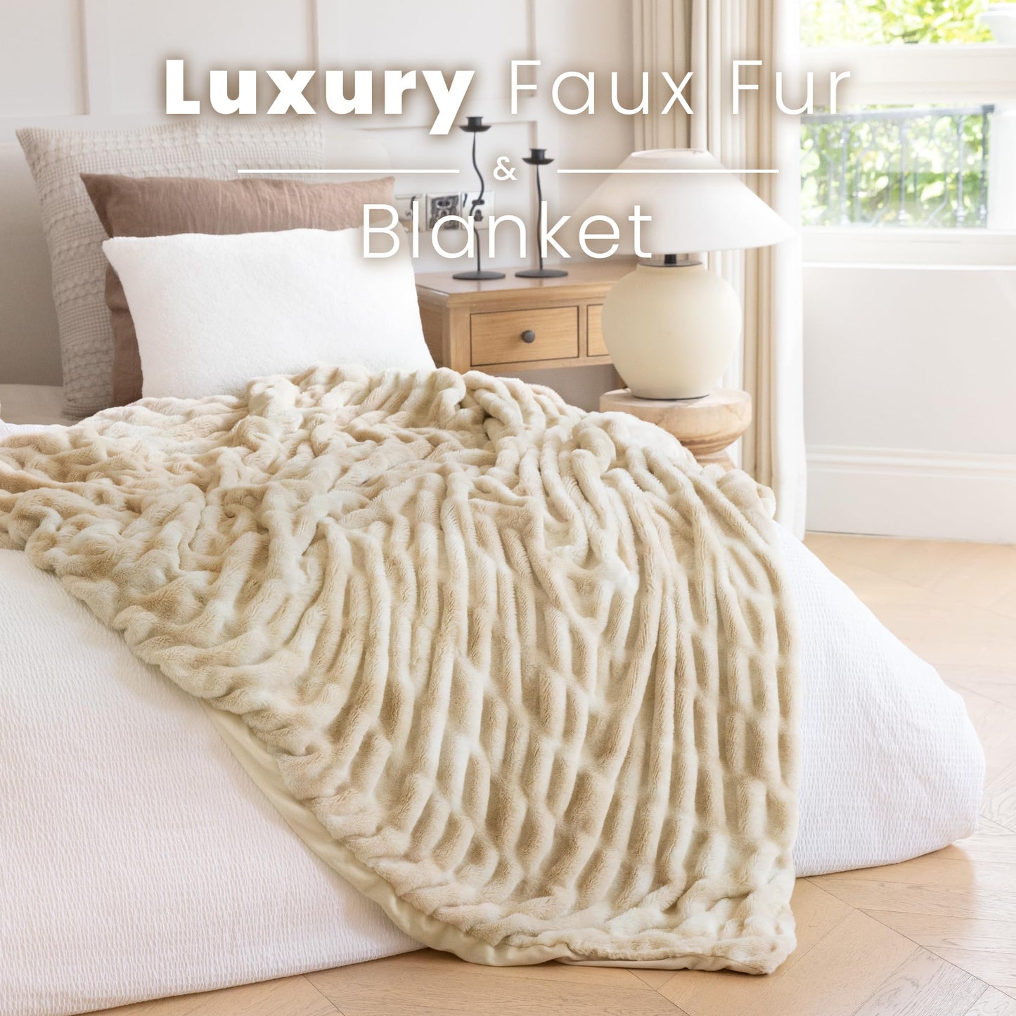Luxury Faux Fur Throw Blanket with Stretch Ruched Design, Cozy Faux Fur Blanket, 50x60 Inches, Tie Light Camel - Soft Plush Blanket for Bed, Couch, Gifts for Women and Girls, and Home Decor