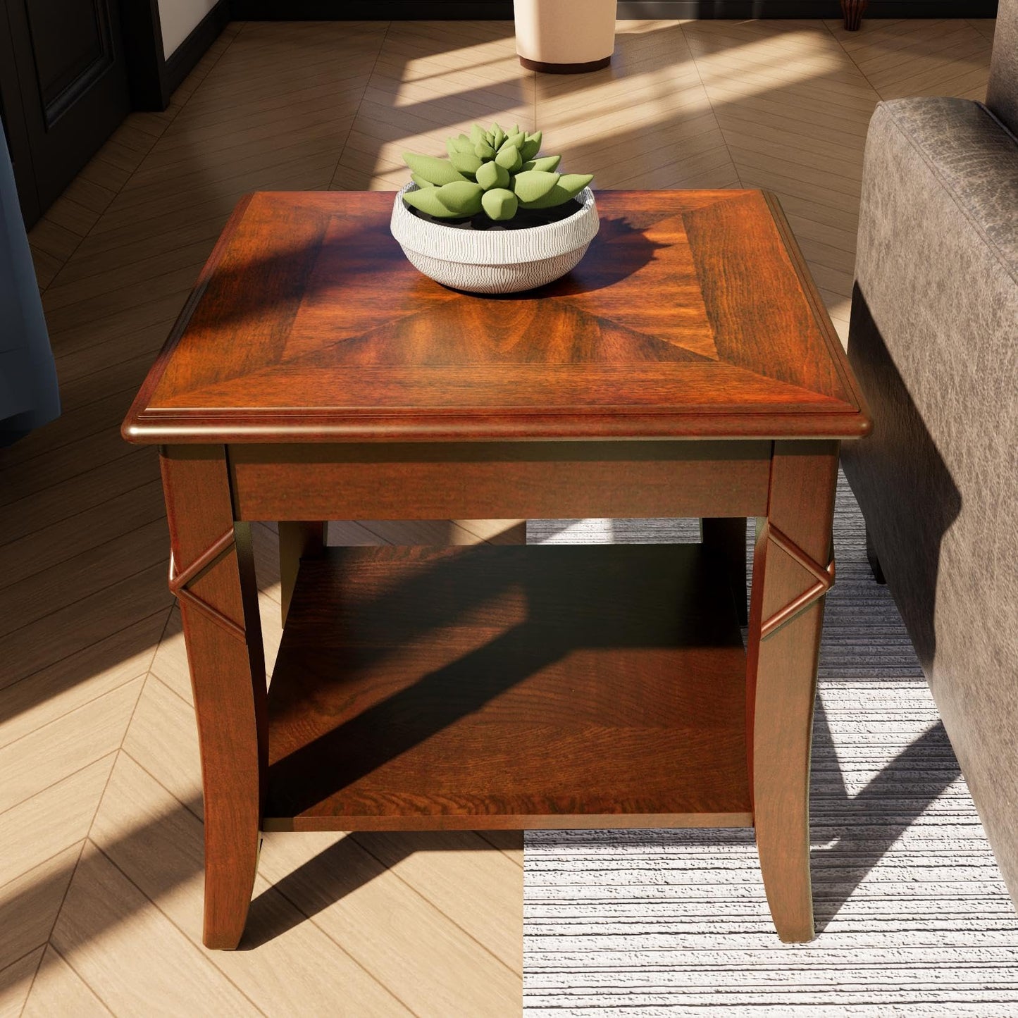 LEEMTORIG Cherry Solid Wood End Tables Living Room with Curved Legs, Mid Century Queen Anne Style Accent Side Tables Bedside Table with Storage Shelf, 19.7"W x 17.7"D x 19.7"H, Cherry Walnut CJZ-DR200