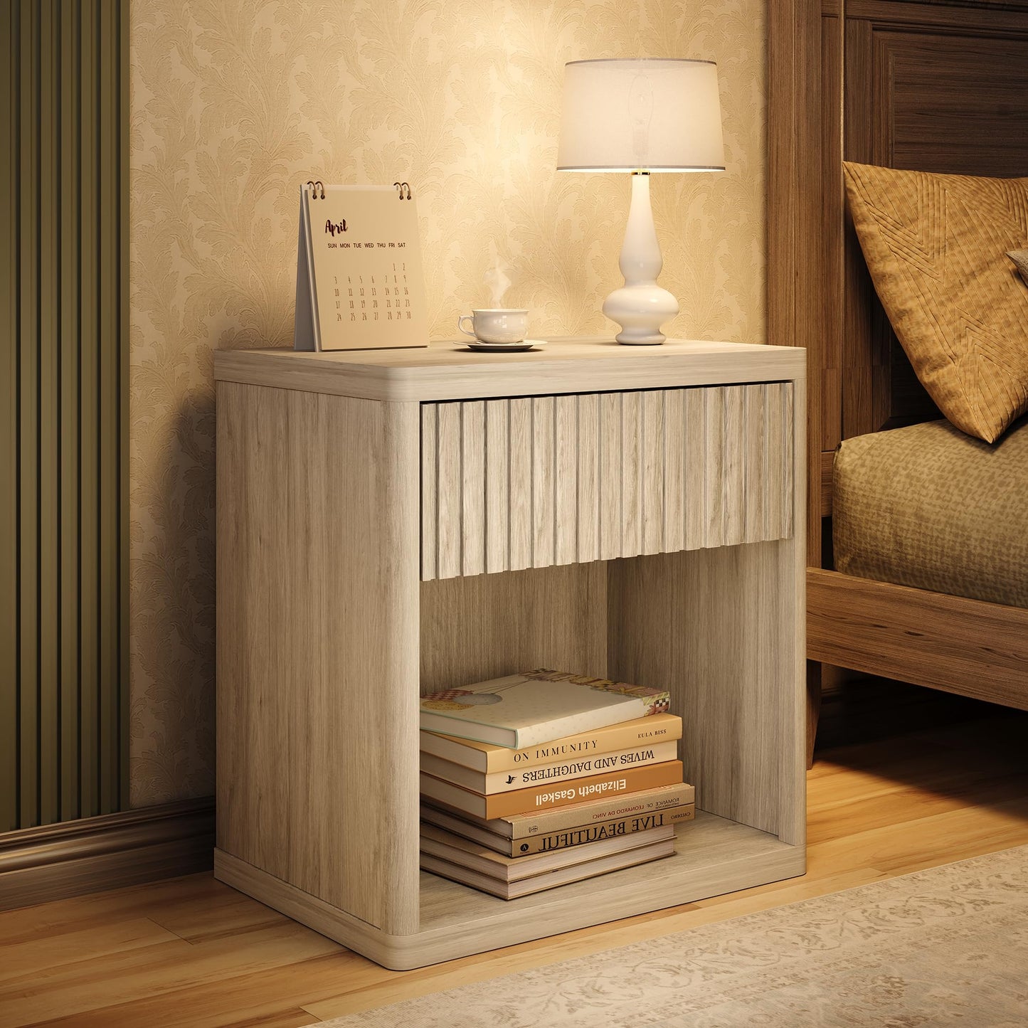 GRUSIGN Nightstand with Drawer Storage Fluted Bed Side Table End Table Large Modern 22.76" Wide Bedside Stand Mid Century Night Stands for Bedroom Living Room Sofa Couch Home Office, Light Grey