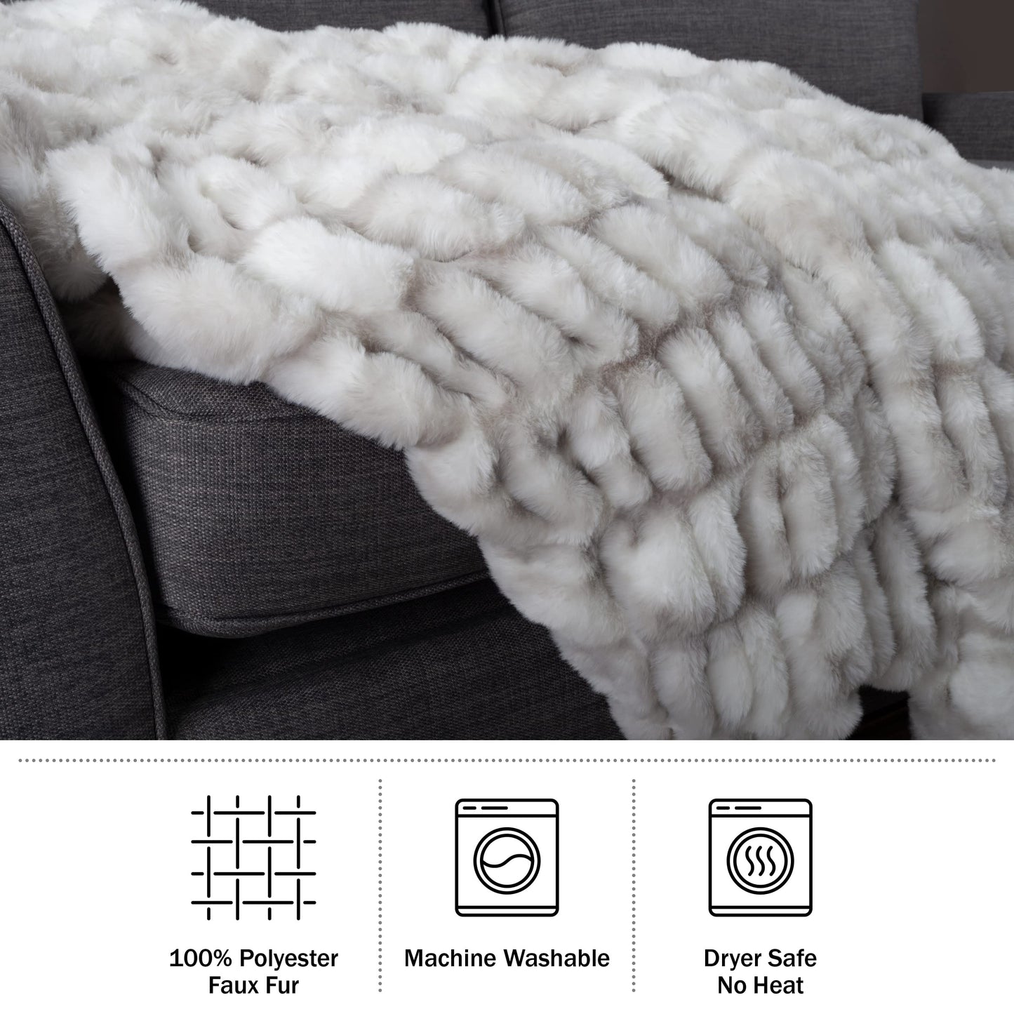 Oversized Ruched Faux Fur Blanket - 60x80-Inch Jacquard Faux Fur Queen-Size Throw for Sofas and Beds - Luxurious Bedding by Lavish Home (Gray)