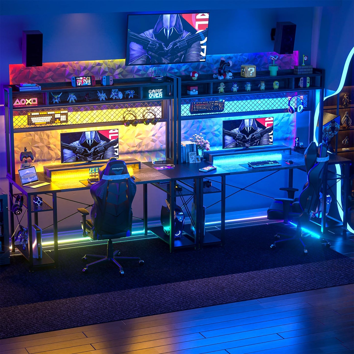 iSunirm 48 Gaming Desk with Hutch, Large Computer Desk with LED and Charging Station, Home Office Desk with Pegboard, Power Outlet, Storage and Monitor Stand, 48'' Gamer Desk PC Table, Grey
