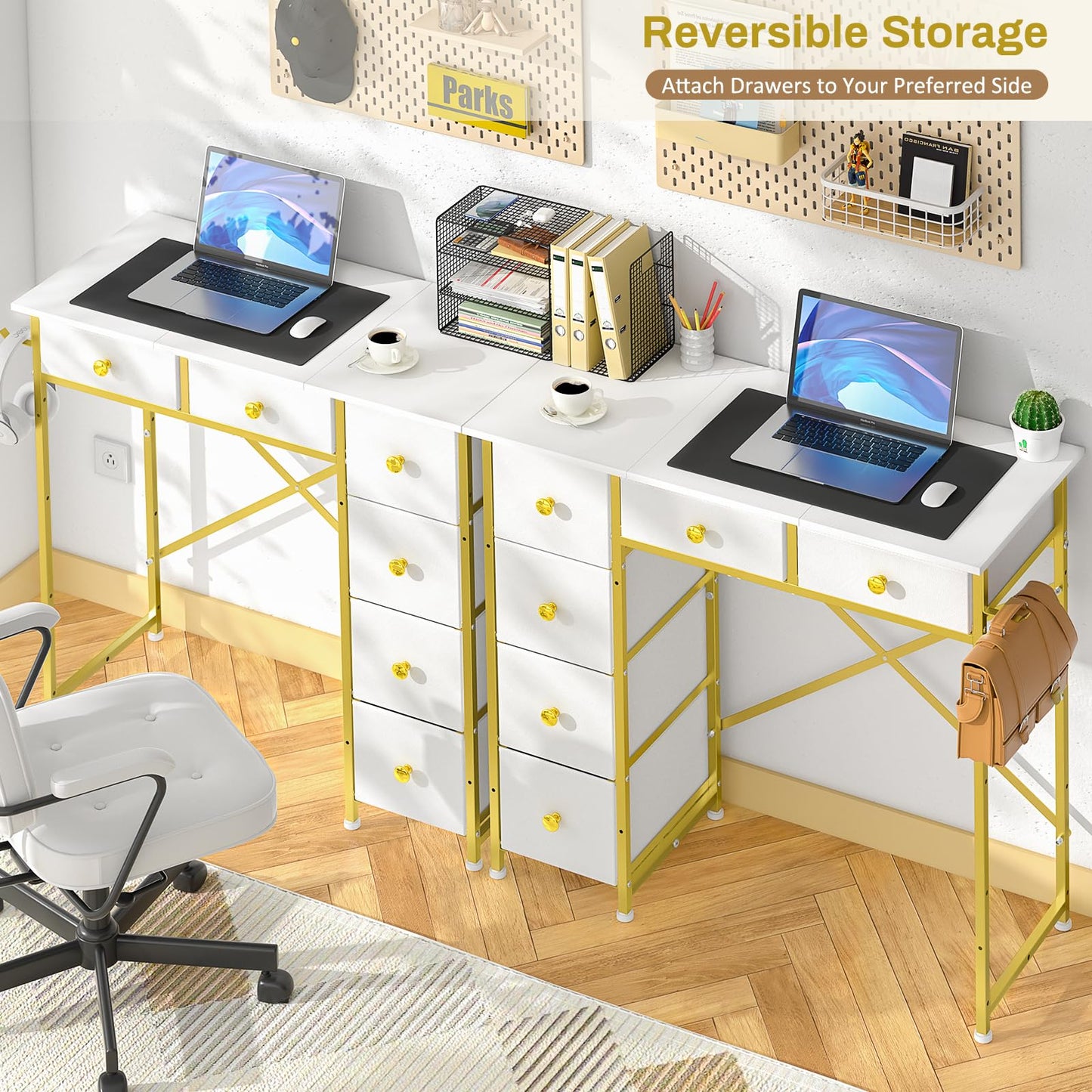 3IngSeagulls Small Computer Desk with 6 Drawers, 32 Inches Work Table for Home Office, Writing Desk with Storage, Compact Study Desk for Small Spaces, Kids Study Desk for Bedroom, White and Golden