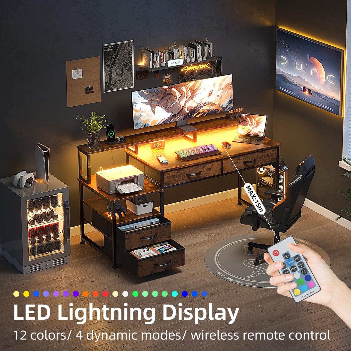 MUTUN Computer Desk, Office Desk, Home Office with Shelves, Gaming Desk Study Table with Monitor Stand