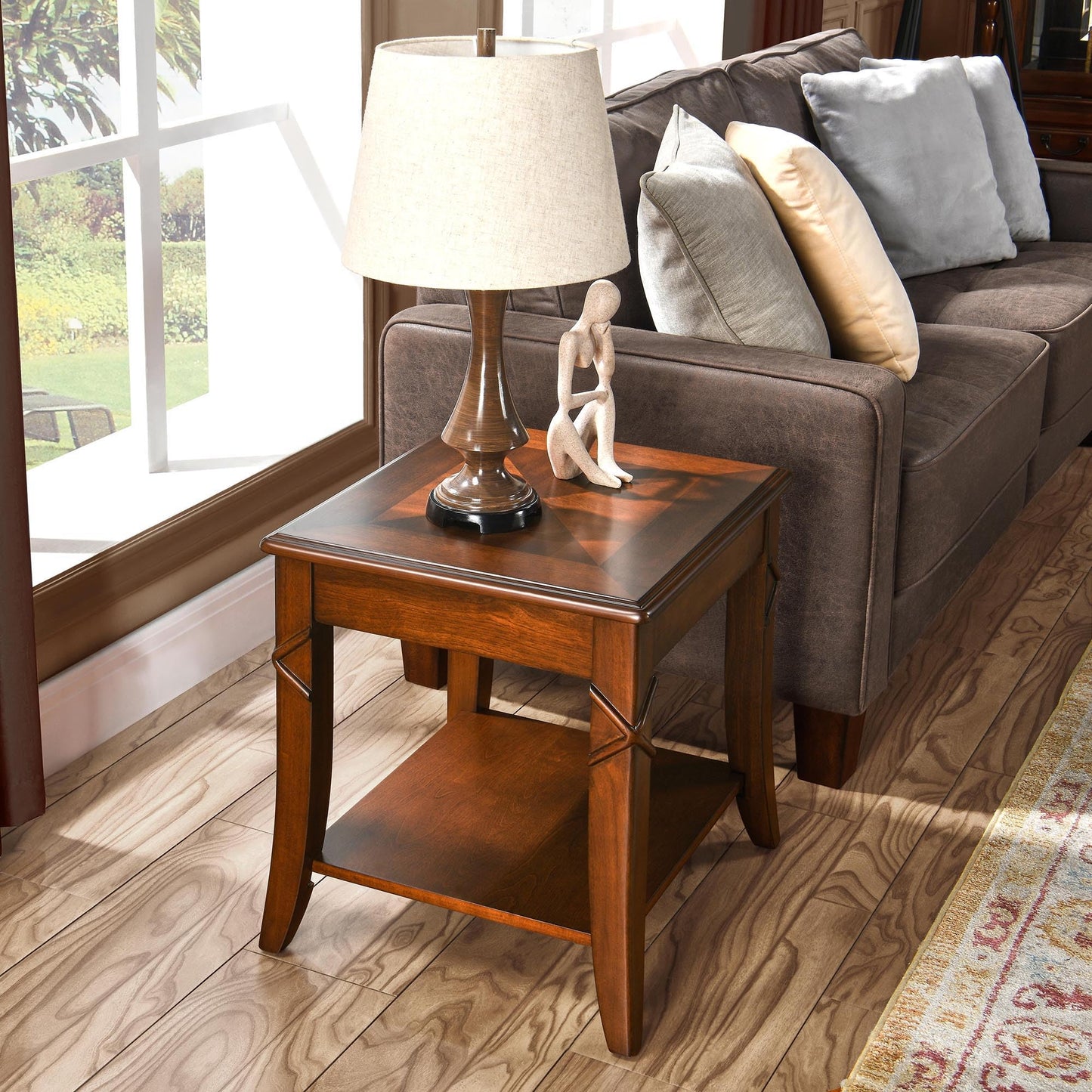 LEEMTORIG Cherry Solid Wood End Tables Living Room with Curved Legs, Mid Century Queen Anne Style Accent Side Tables Bedside Table with Storage Shelf, 19.7"W x 17.7"D x 19.7"H, Cherry Walnut CJZ-DR200