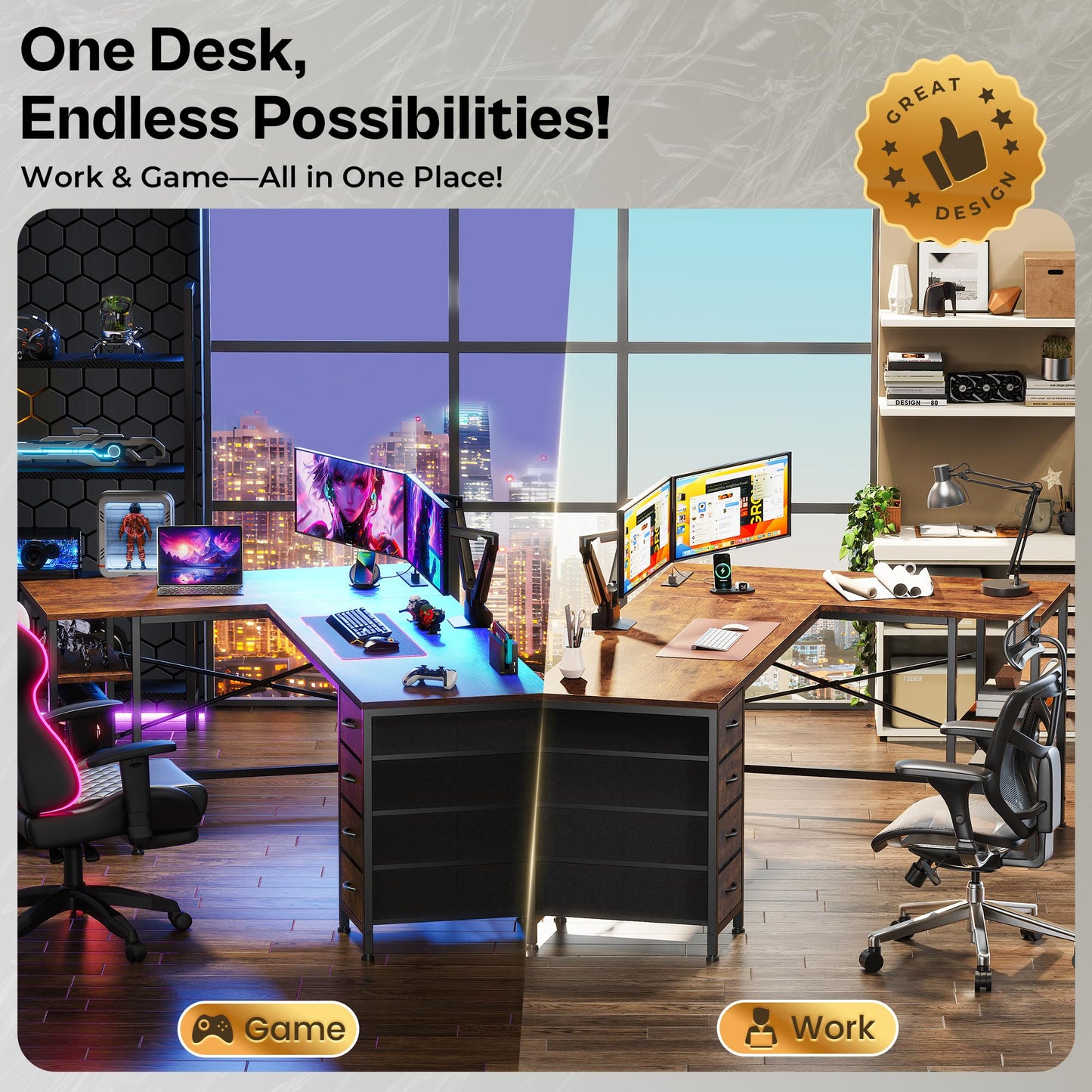 Huuger 63 Inch L Shaped Desk with Fabric Drawers, Computer Office Desk with Power Outlets and USB-C Port, Corner Desk with Storage Shelves, for Gaming Work Study Home Office, Reversible, Rustic Brown