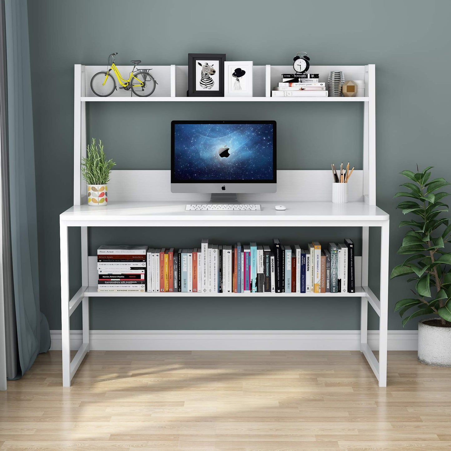 Tribesigns Computer Desk, 47 inch Office Desk with Hutch and Bookshelf, Modern Study Writing Table for Home Office (All White)