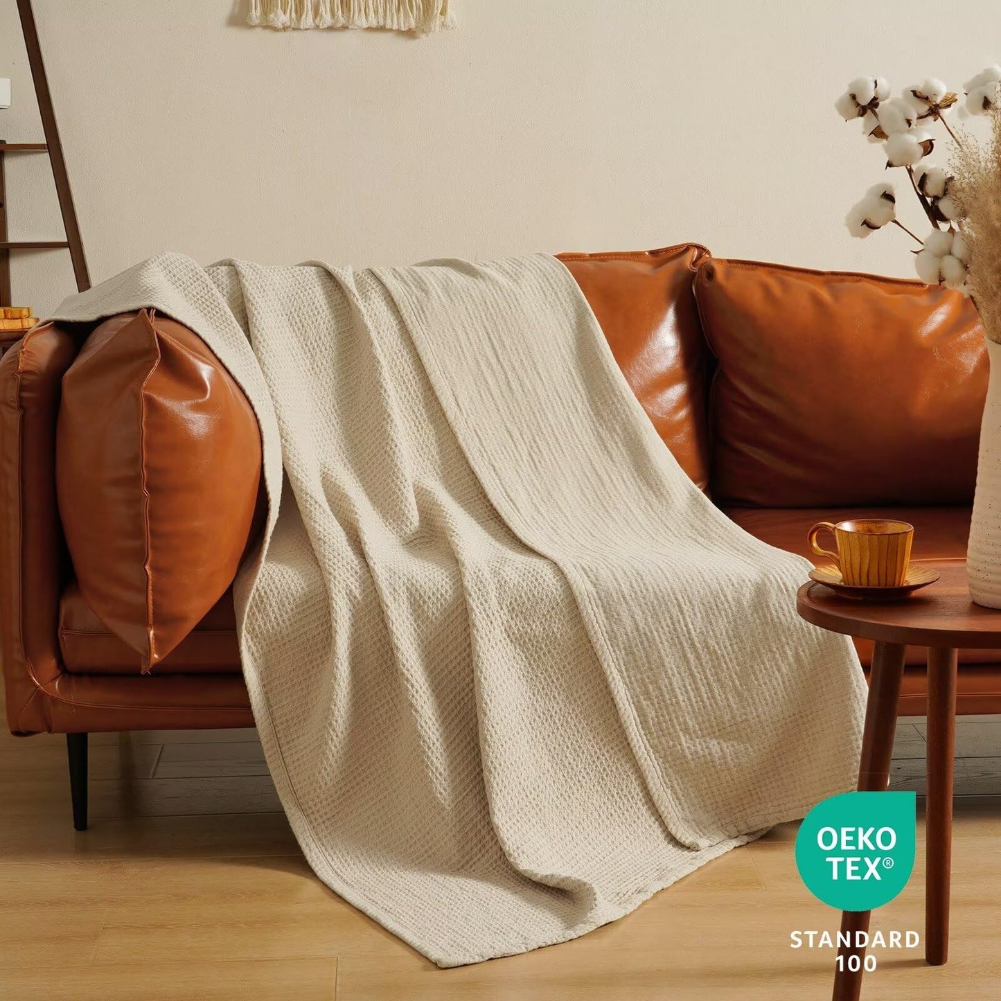 PHF 100% Cotton Waffle Muslin Blanket Queen Size, 90" x 90" Lightweight and Breathable Washed Cotton Blanket, Aesthetic Soft Muslin Waffle Bedding for Sofa Bed Home Decor, Oak