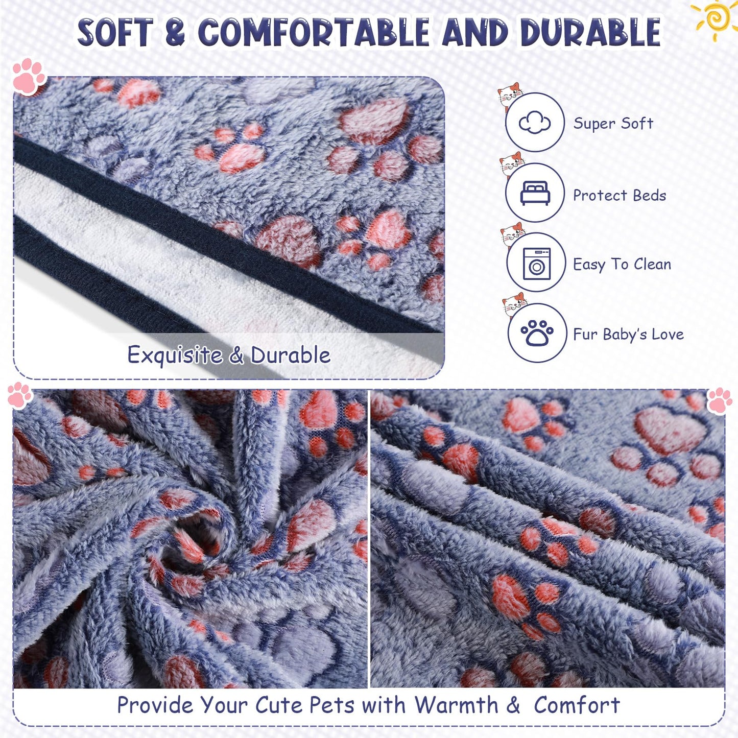 Tatuo 4 Pcs Dog Blanket for Pet Puppy Teething Toys Paw Print Fleece Blanket for Pet Cat Soft Warm Sleep Mat Guinea Pig Cage Mat(Small(24 x 16 Inch),Blue)