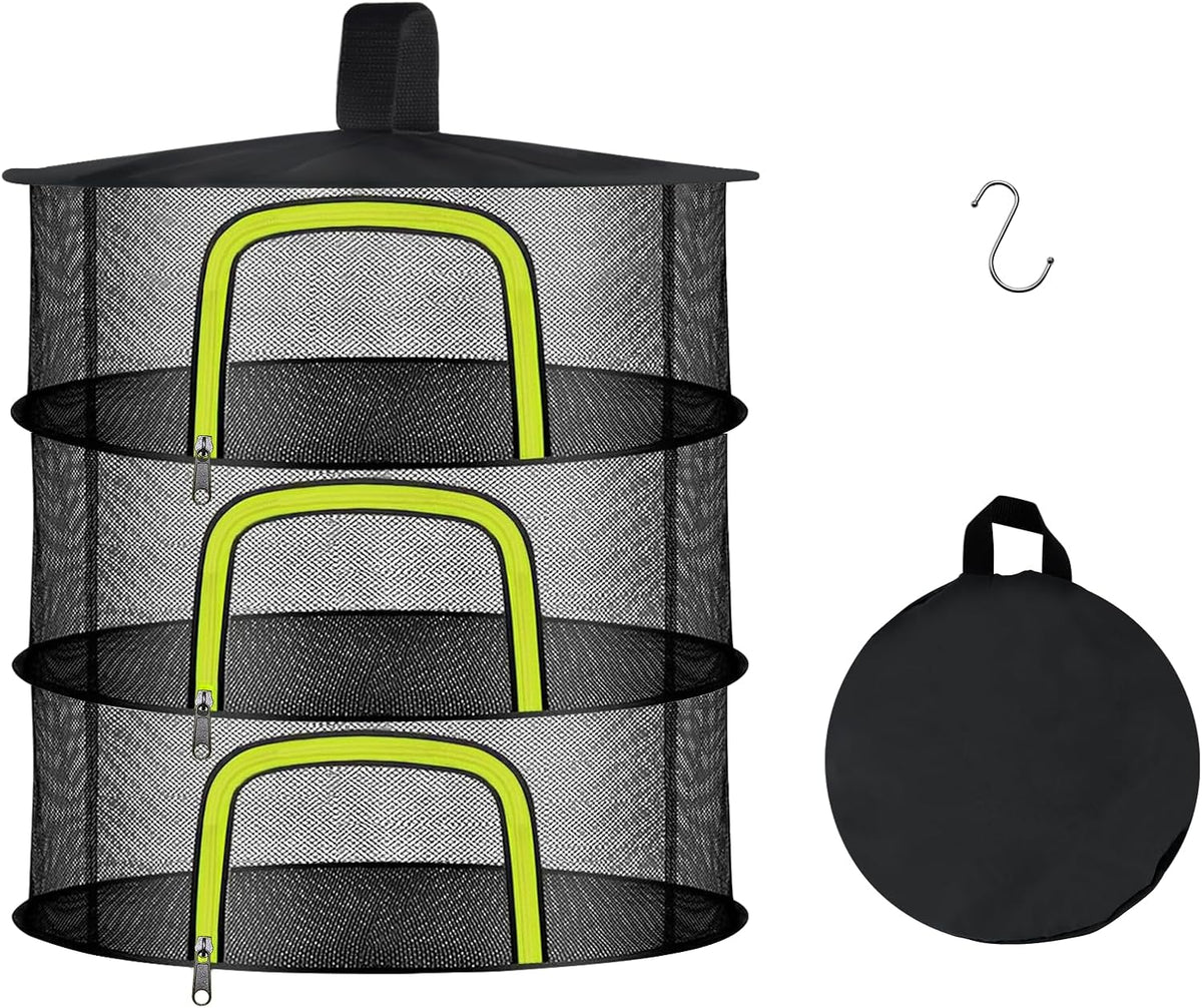 3 Layer Herb Drying Rack, Herb Drying Rack Hanging Mesh, Foldable Bud Drying Net with U-Shaped Zipper, Hooks, for Drying Herbs Plants, Flowers, Fruits, Food, Camping (3 Layers-23.62'')