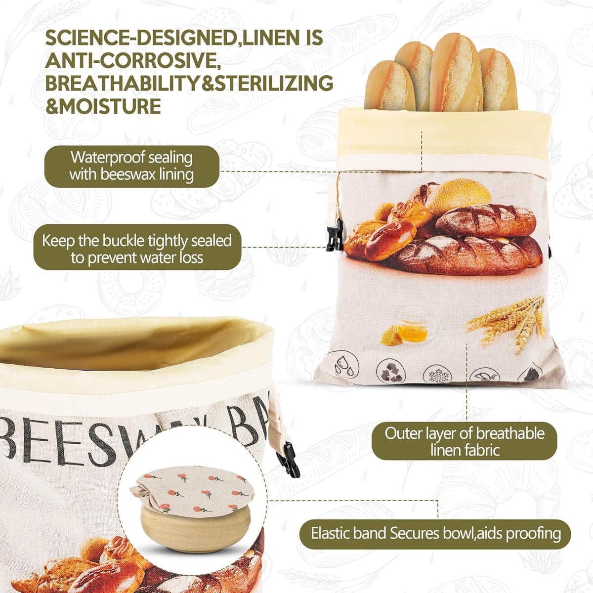 3-Pack Reusable Beeswax Bread Bags for Homemade Bread Sourdough, 2 Natural Beeswax 100% Linen Moisture-proof Lined Storage Bags with Buckle& 1 Bowl Covers –Keeps Bakes Fresh Longer (Bread print color)