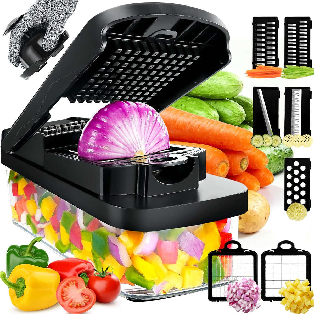 Multifunctional Vegetable Chopper Mandoline Slicer Dicer Veggie Chopper Onion Mincer Vegetable and Salad Cutter, Essential Kitchen Mandoline Tools with Container