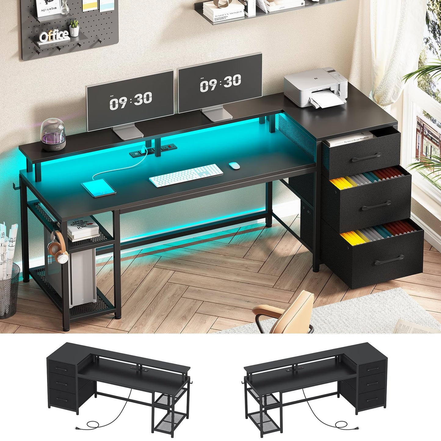 SEDETA 59" Office Desk with Drawers, Reversible Computer Desk with File Drawers & Storage, Gaming Desk with LED Lights & Power Outlet, Home Office Desks for Printer, Black