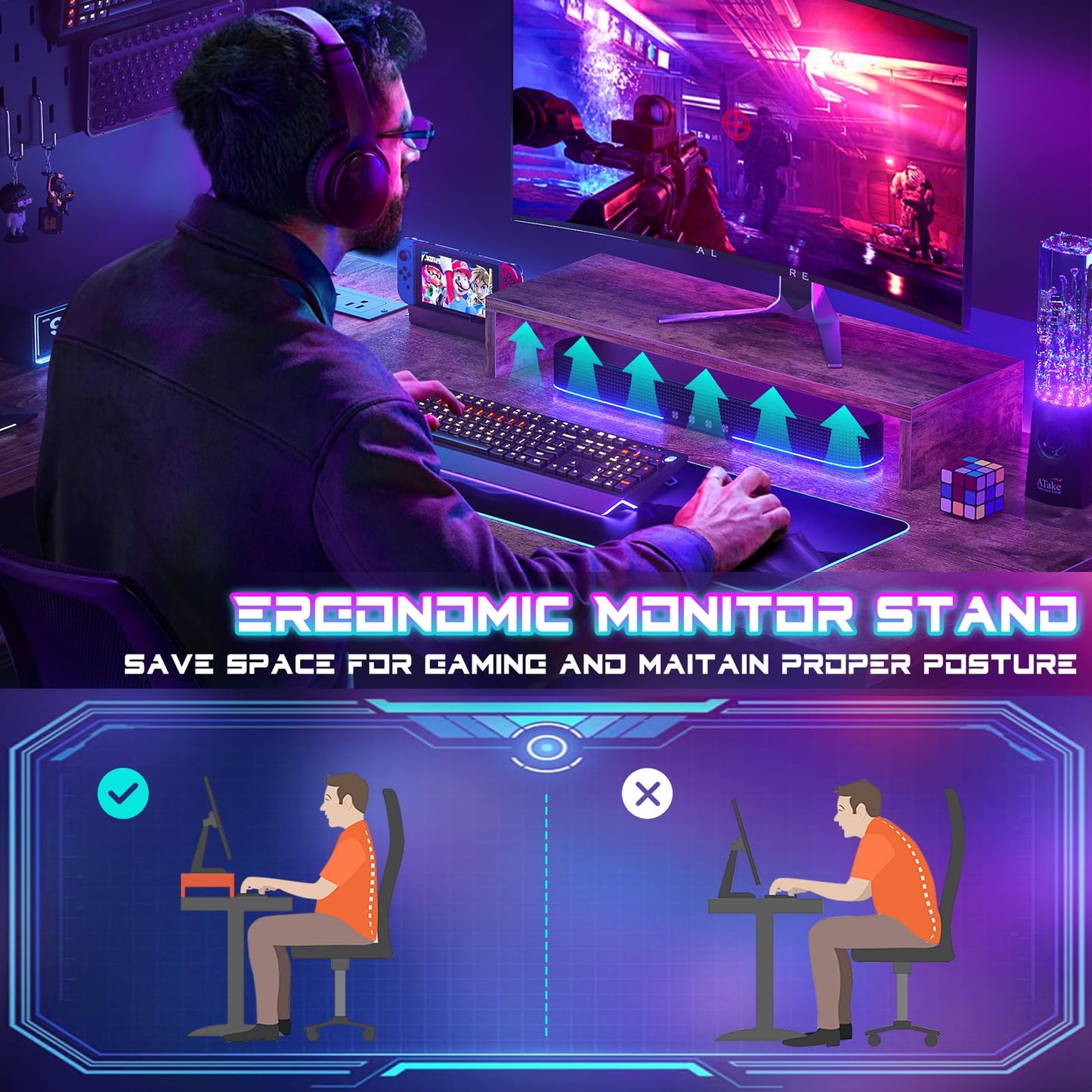 Homieasy Small Gaming Desk with Power Outlets Pegboard LED Light, 43 Inch L Shaped Computer Desk with Monitor Stand Storage Shelves, Reversible Corner Desk with Headset Hooks, Rustic Brown