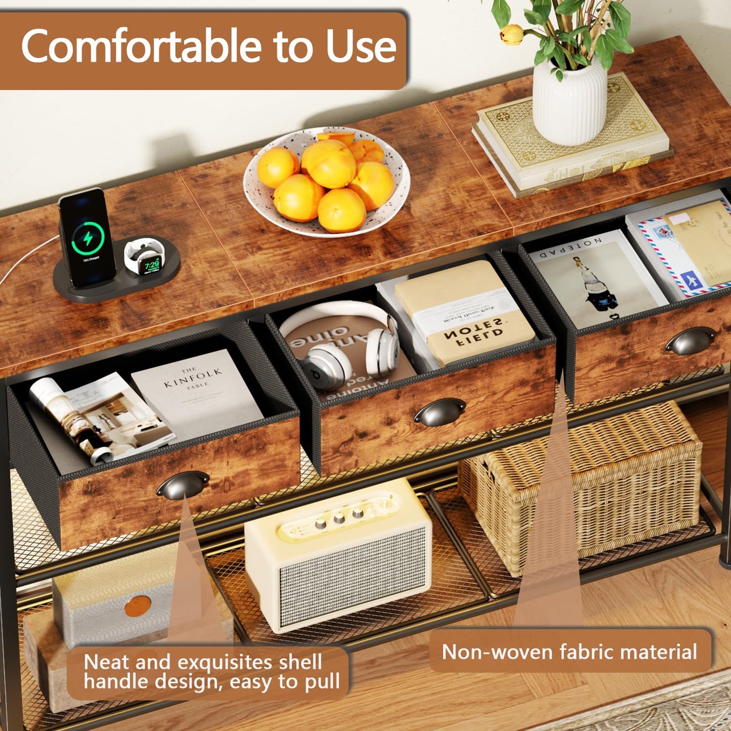 Furologee Console Table with Charging Station & 3 Fabric Drawers, 38'' Entryway Table with Storage Shelves and LED Light for Entry Way, Industrial Display Shelf for Hallway, Foyer, Rustic Brown
