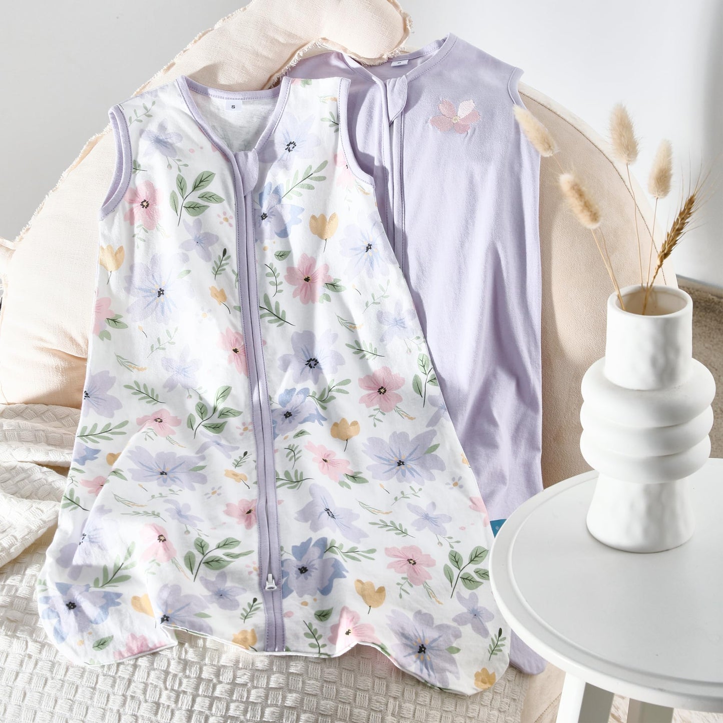 TILLYOU Sleep Sack 6-12 Months - 0.5 TOG Baby Wearable Blanket with 2-Way Zipper, Lightweight Cotton Summer Sleeping sack 2 Pack, Brilliant little flowers and purple