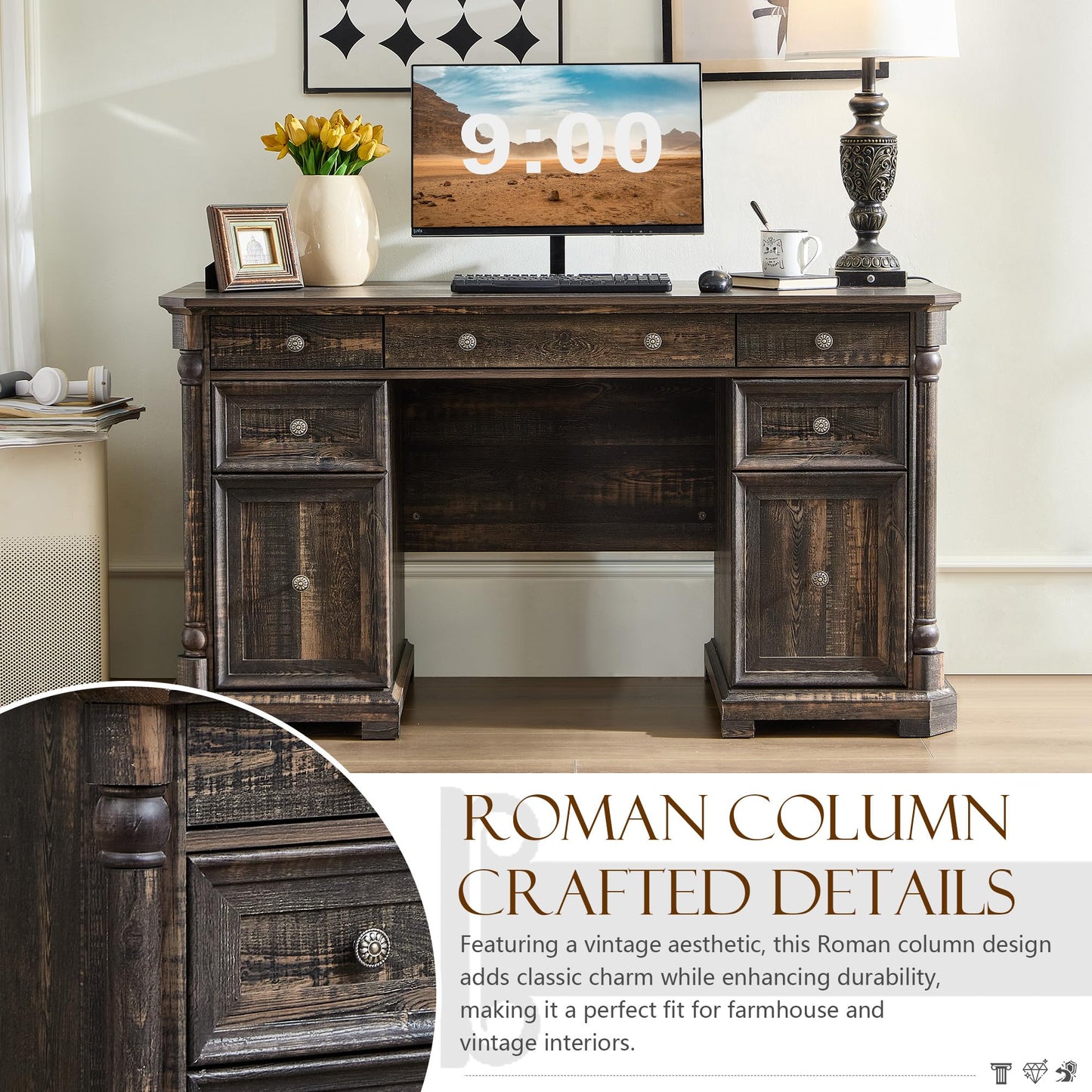 Yechen 55'' Wood Executive Desk with 7 Drawers - Farmhouse Home Office Desks with Storage & Power Outlet, Wooden Computer Desk with Roman Columns, Writing Table for Work & Study, Dark Reclaimed Oak