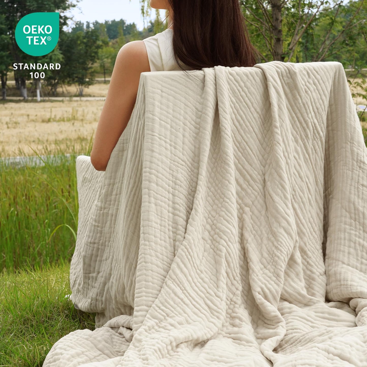 PHF Cooling Muslin Blanket Queen Size 90"x80", 6-Layer Lightweight Gauze Blanket Made from 35% Rayon Derived from Bamboo & 65% Cotton, Breathable & Ultra Soft Cozy, Aesthetic Home Decor, French Oak