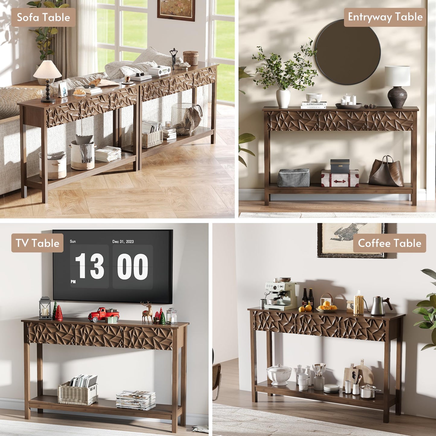 EVEVMINM 51 Inch Modern Console Table Farmhouse Entryway Table with 3 Drawers Narrow Wood Entry Way Table with Open Storage Shelf Long Sofa Table Behind Couch for Hallway, Foyer, Living Room, Walnut