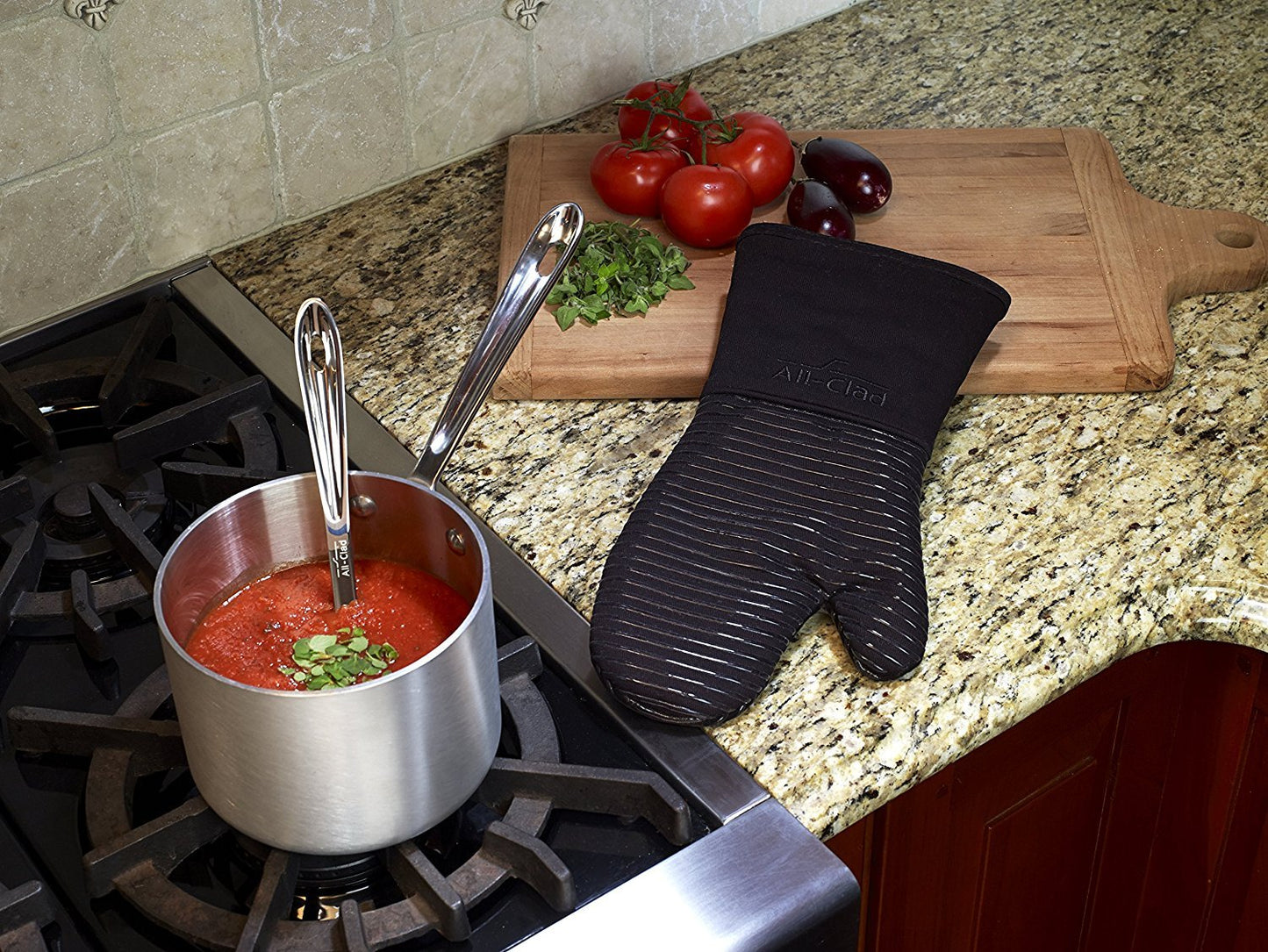 All-Clad Silicone Oven Mitts: Heat Resistant up to 500 Degrees - 100% Cotton & Silicone, 14"x7" Oven Mitt for Kitchen and Barbecue, 2-Pack, Black