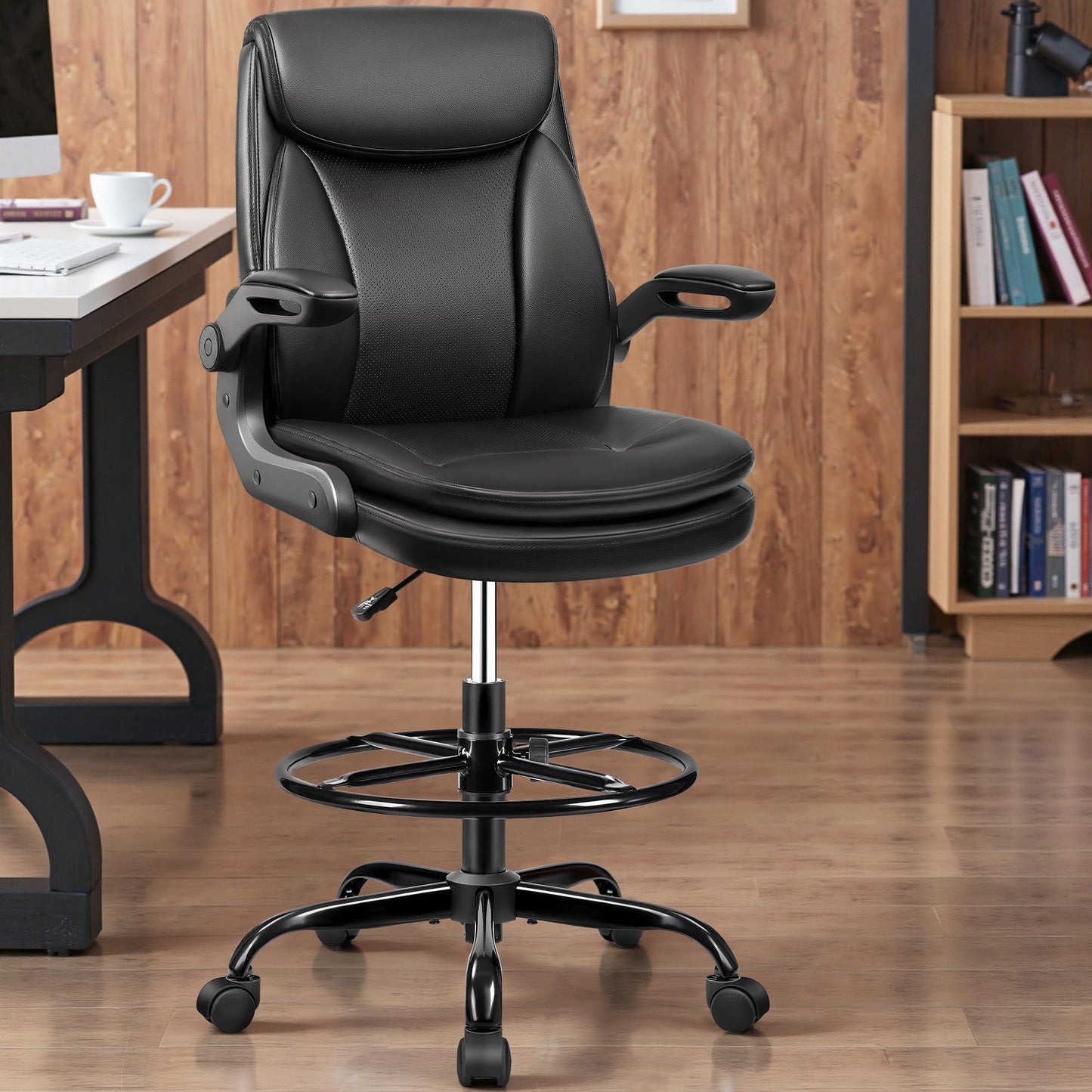 AtHope Drafting Chair Tall Office Chair Leather Executive Office Chair with Adjustable Foot Ring Flip Up Armrest - Comfy Ergonomic Desk Chairs with Lumbar Support for Office Home Studio - Black