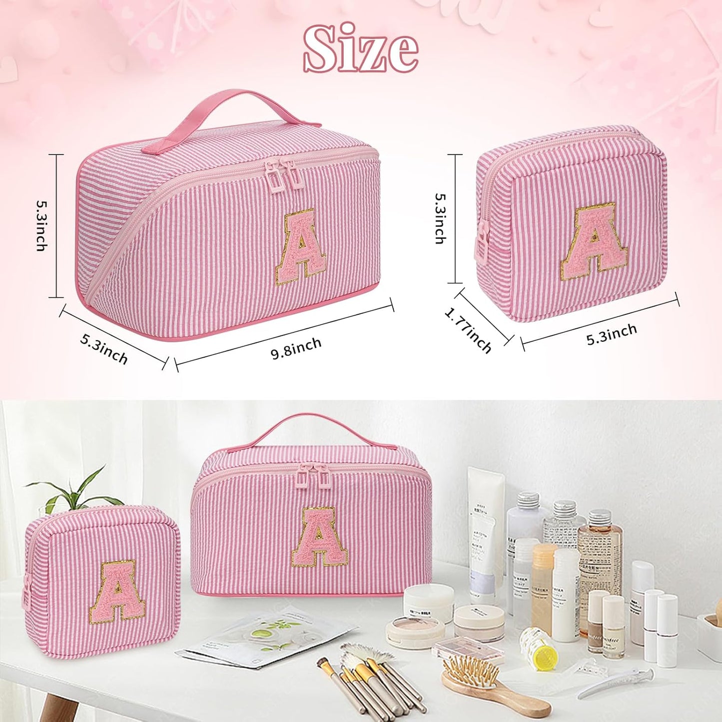 Travel Makeup Bag for Women, 2Pcs Portable Personalized Initial Makeup Organizer Bag, Open Flat Large Cosmetic Bag With Travel Essential Pouch (Pink Letter S)