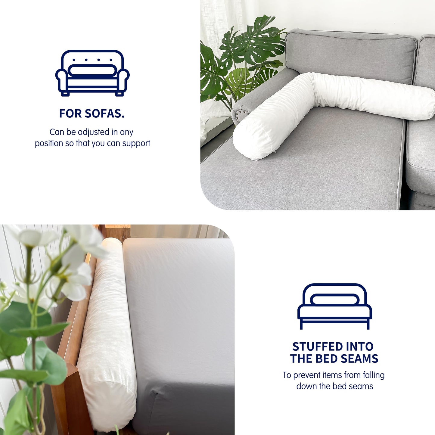 SyMax 7.8"x60" Body Pillow for Queen Bed, Memory Foam Bolster w/Removable Velvet Cover, Headboard Gap Filler Pillow, White