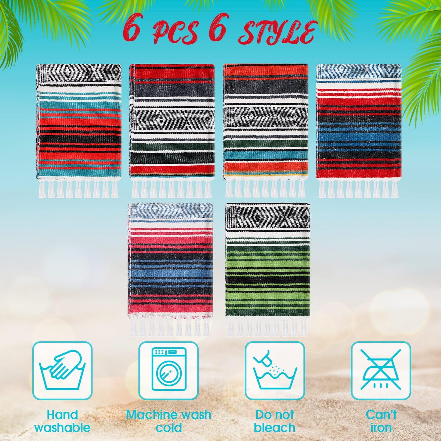 Oudain 6 Pack Mexican Blankets and Throws 45 x 70 Inch, Cotton Outdoor Camping Blanket Woven Serape Yoga Fiesta Picnic Beach Supplies (Retro Color)