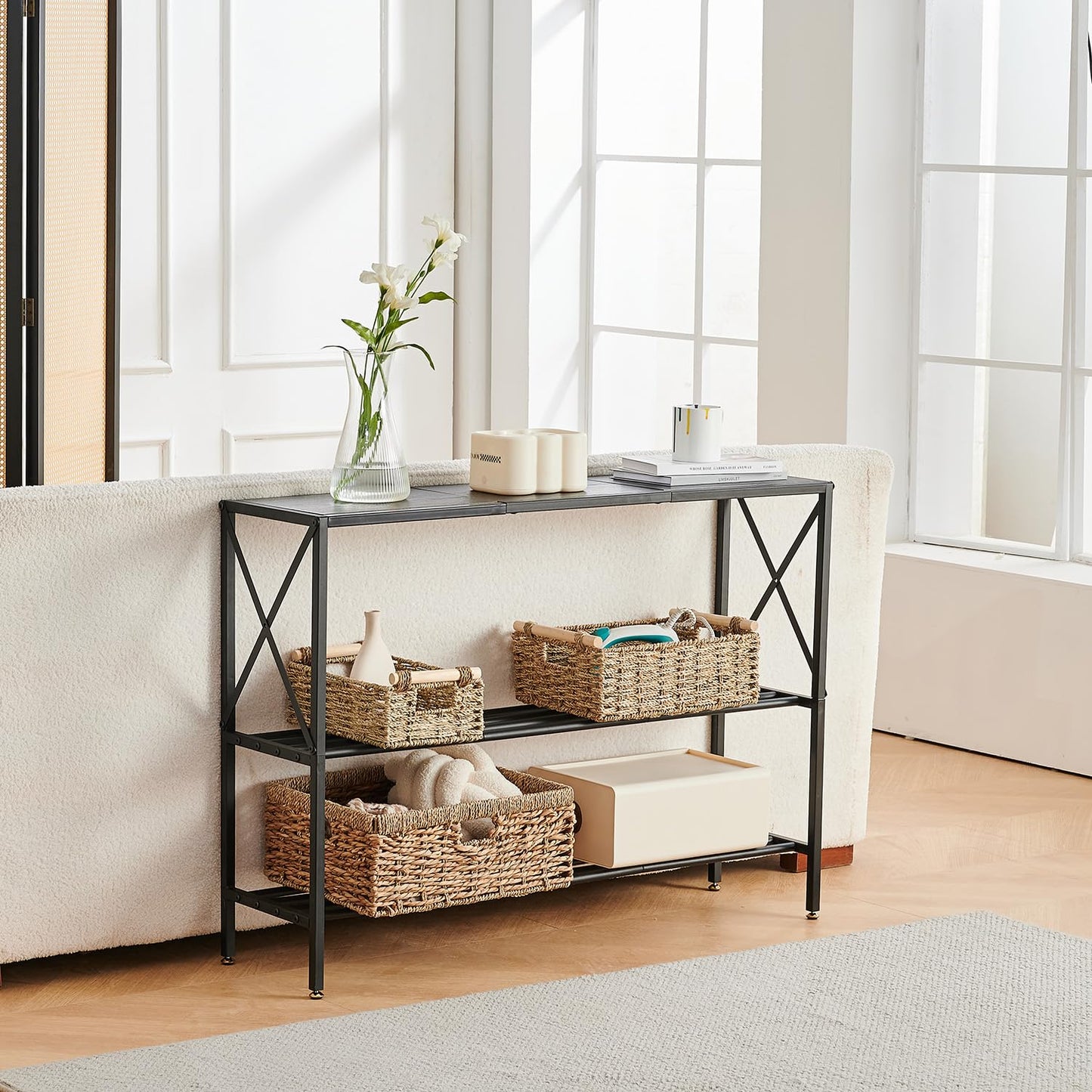 Wimarsbon Console Table,Multifunctional Sofa Side Table with Shelves,Behind Couch TV Tables with Metal Frame,Accent Display Stand for Hallway,Entrance (41.9" 3-Layer Black Frame)