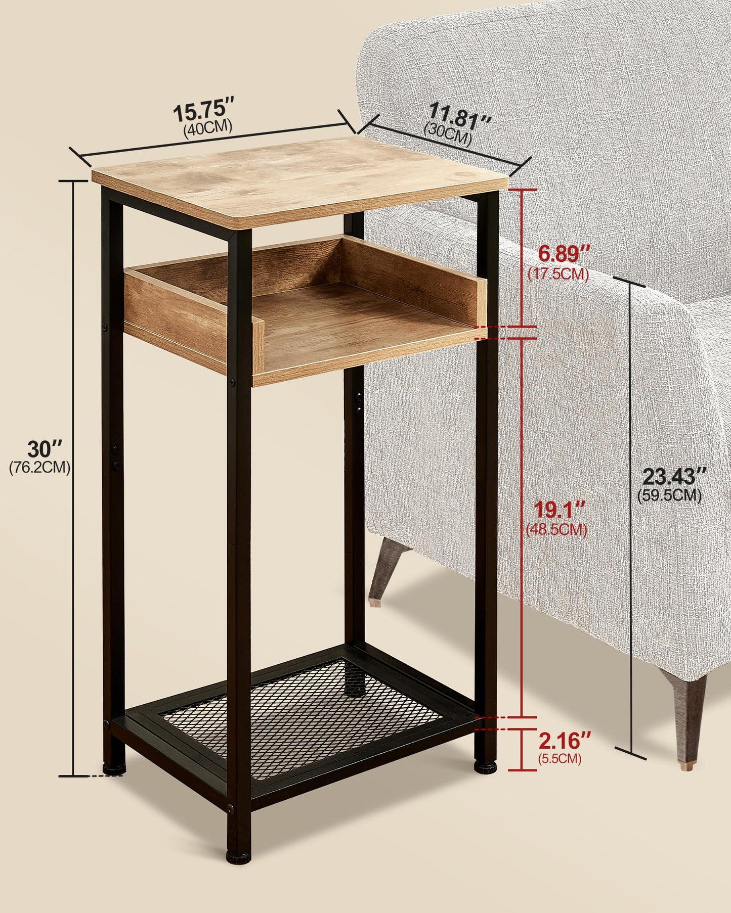 KJGKK Tall Side Table, 30 inch High End Table, Small Entryway Table, Bedside Table for Living Room and Bedroom, Greige & Black