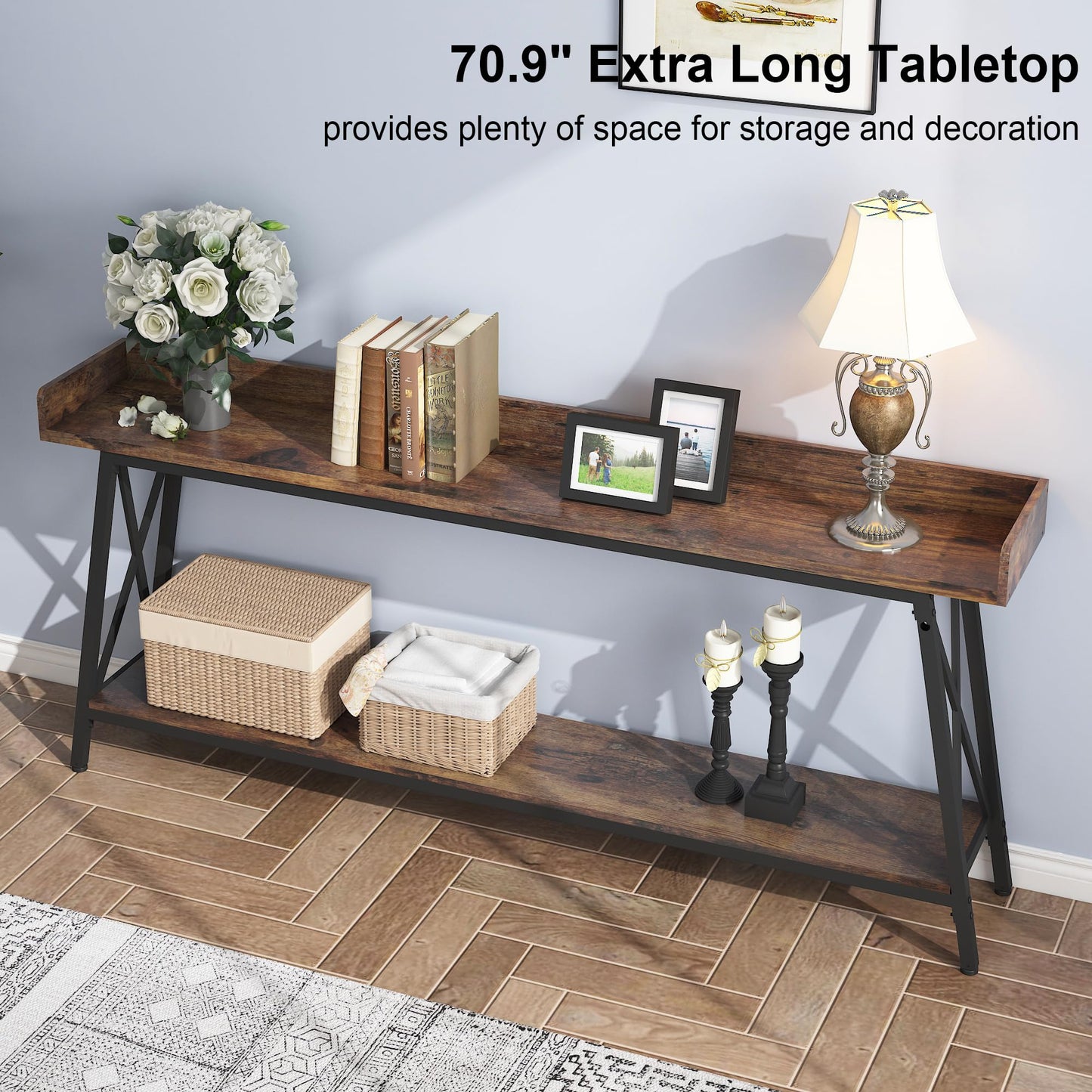 QNICE 70.9-Inch Console Table for Entryway, Farmhouse 2-Tier Entry Entrance Table, Narrow Long Sofa Table Behind Couch for Living Room & Hallway Rustic Brown