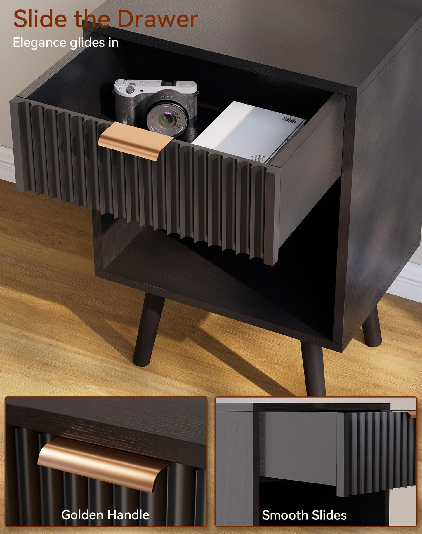 YMYNY Mid Century Modern Nightstand, Side Table, Fluted Night Stand with Drawer, Open Shelf Unit, Golden Handle, Solid Wood Legs, Bedside Table, for Bedroom, Black UHST013B