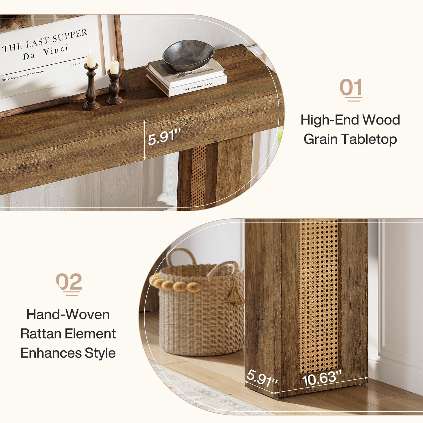 Tribesigns 63" Console Table for Entryway, Rattan Entry Table Behind The Sofa, Farmhouse Accent Console for Hallway, Living Room
