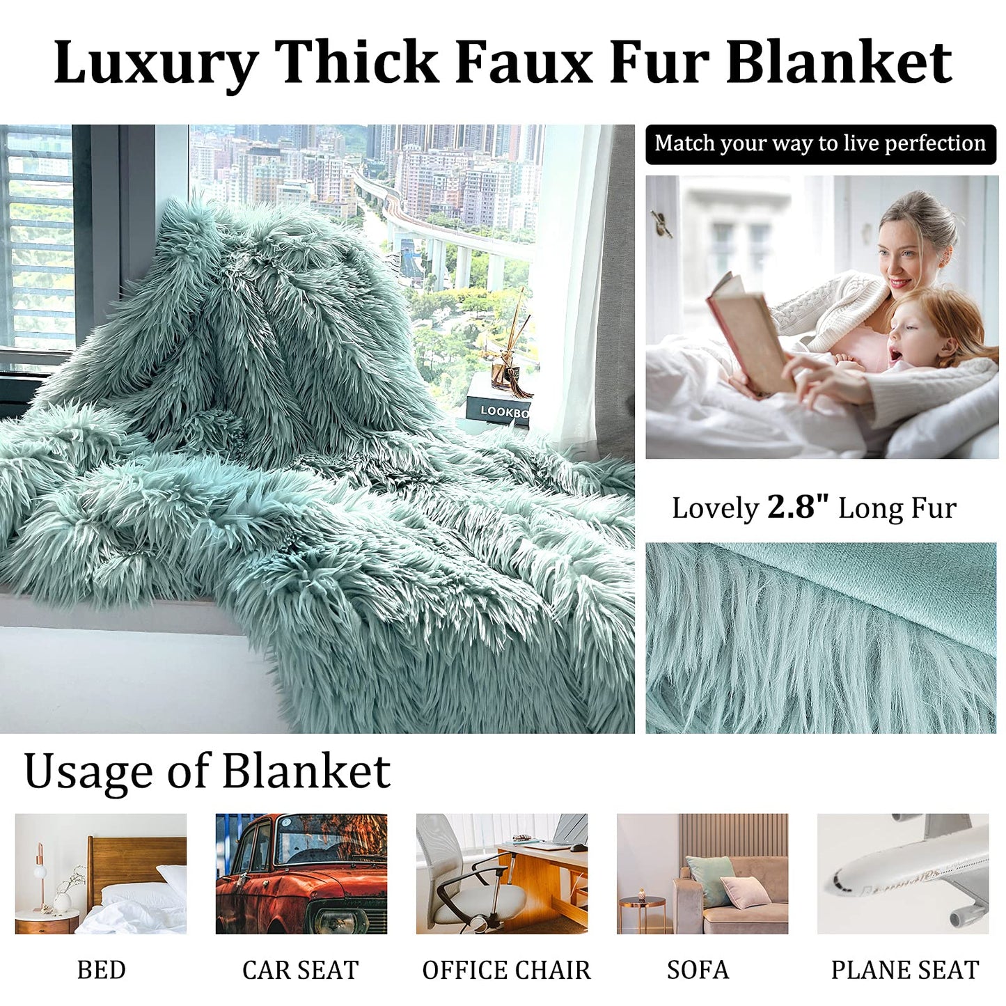 JONIYEAR Decorative 2.8" Long Hair Soft Fuzzy Faux Fur Throw Blanket 50" x 60",Luxury Reversible Fluffy Blankets for Couch Sofa Chair,Lightweight Accent Cozy Plush Thick Warm Shaggy Furry Blanket,Aqua