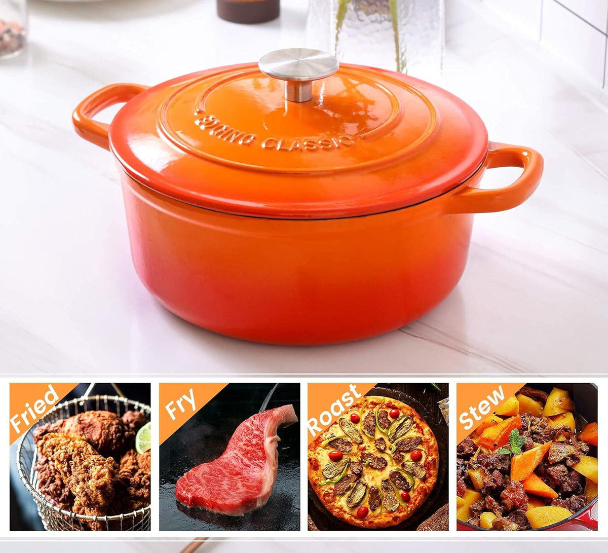 Enameled Cast Iron Dutch Oven, 5.5 Quart, Round Cast Dutch Ovens Pot with Lid Dual Handle for Bread Baking, Oven Safe up to 500°F, Orange