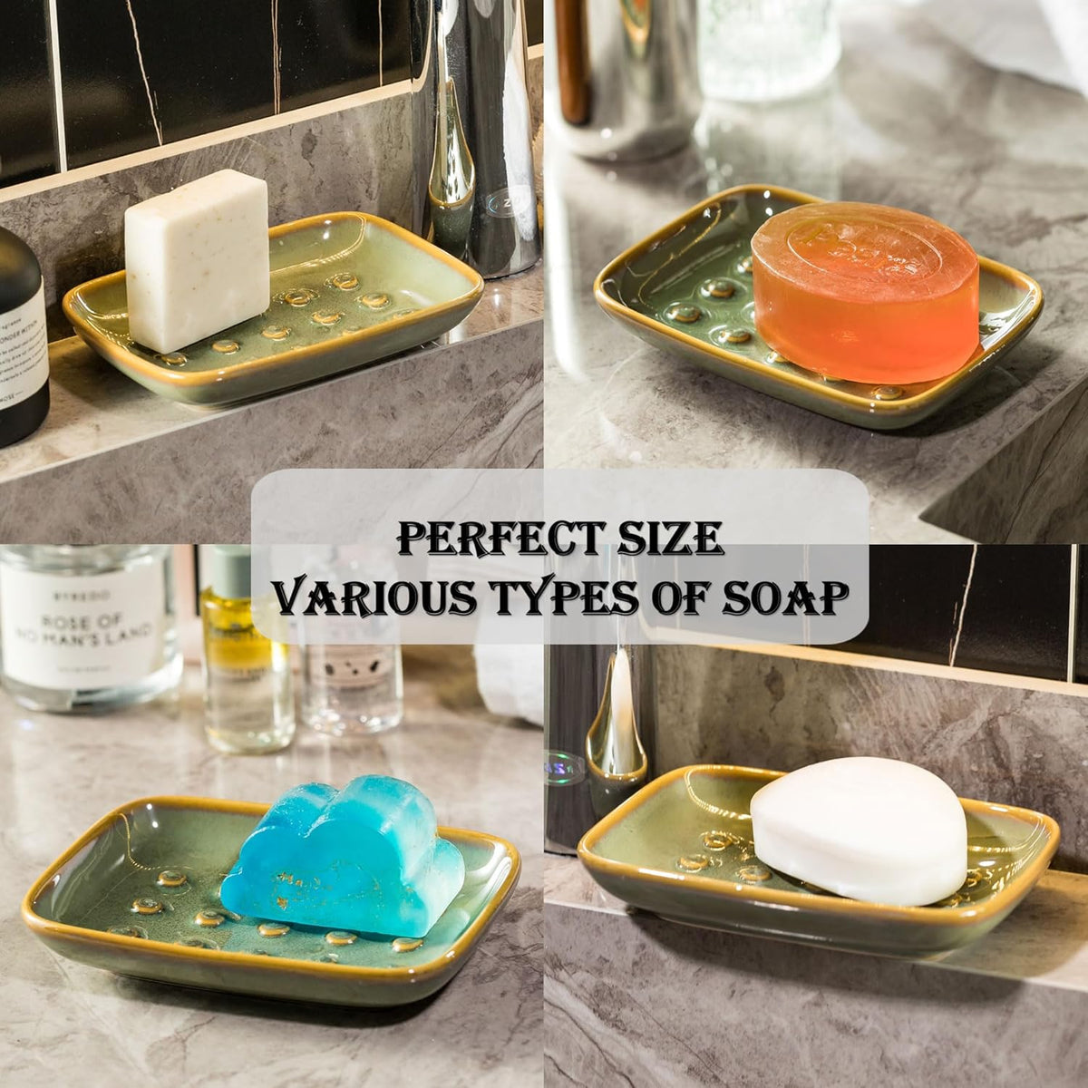 Soap Dish for Shower, Ceramic Soap Dish Non-Slip Soap Holder Bar Saver Tray for Bathroom Kitchen Sink, Floating Point Design Save Soap Loss