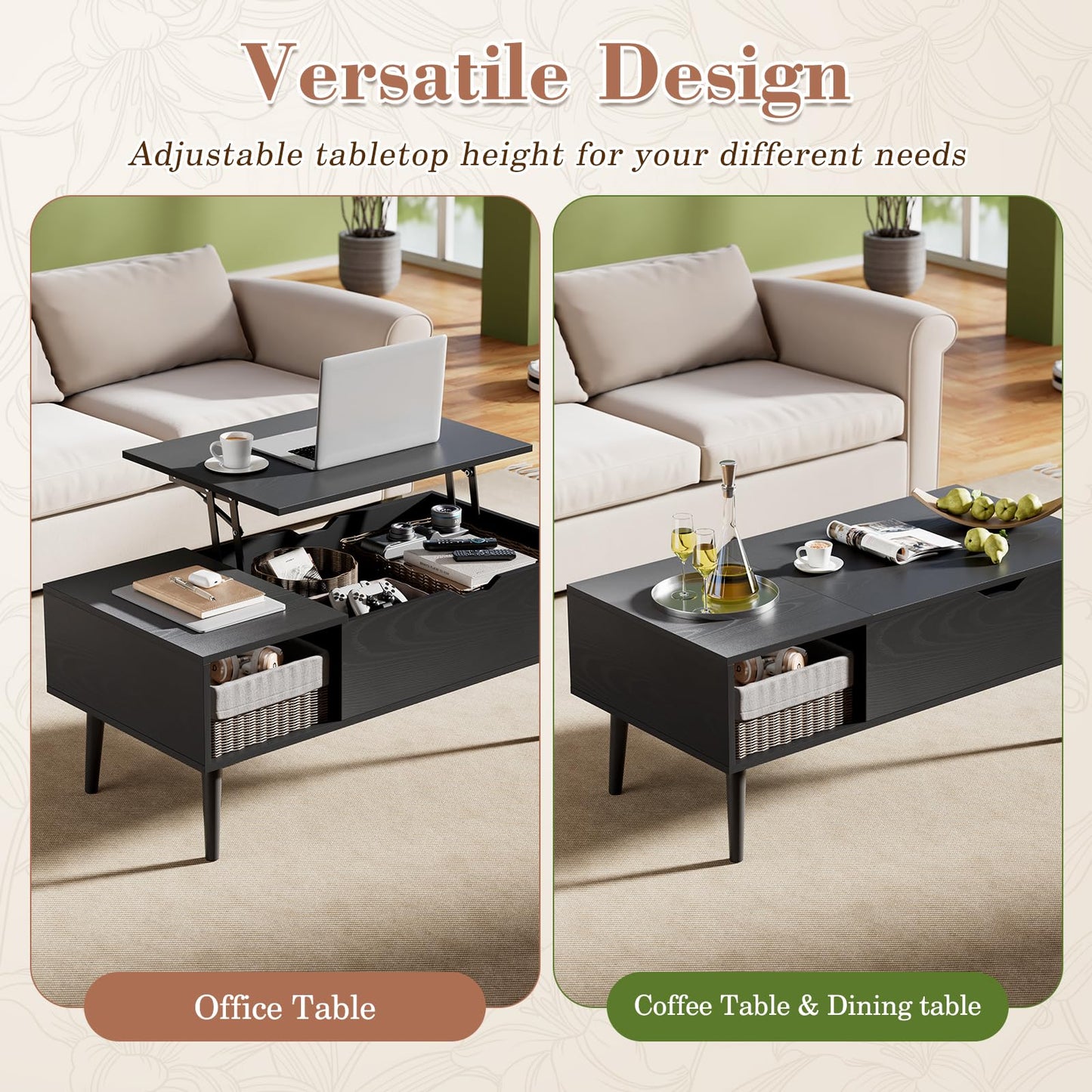 OLIXIS Wood Lift Top Coffee Table with Hidden Compartment and Large Storage Shelf, Lift Tabletop Dining Center Table for Home Living Room Office, Black