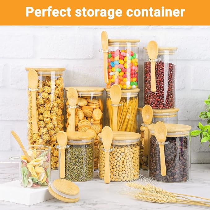 Glass Containers with Bamboo Lids and Spoon - 2 Pack 18 Fl.oz Glass Jar with Airtight Lids Set, Includes Labels and Marker, Pantry Storage Jars for Tea, Sugar, Coffee Bean, Cookie, Salad, Nuts