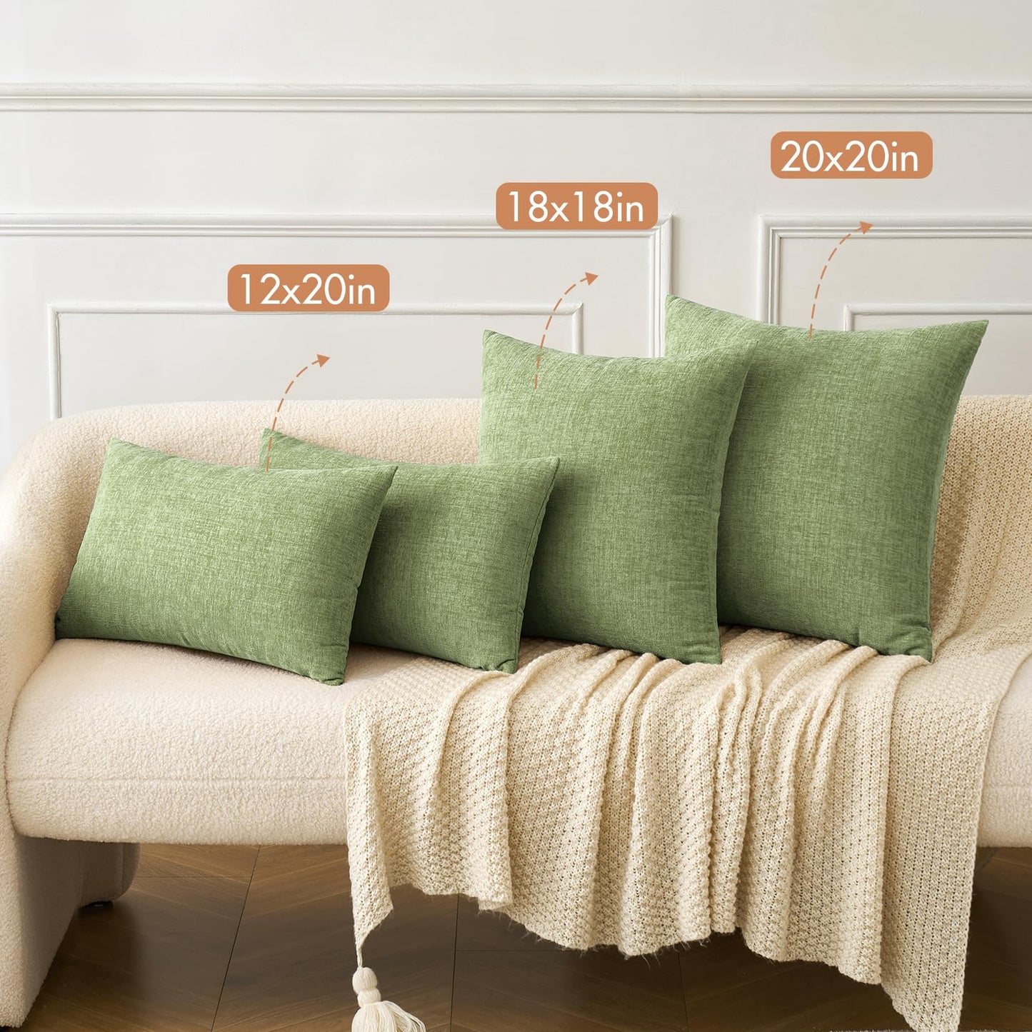 MIULEE Pack of 2 Couch Throw Pillow Covers 12x20 Inch Spring Soft Sage Green Chenille Pillow Covers for Sofa Living Room Solid Dyed Pillow Cases