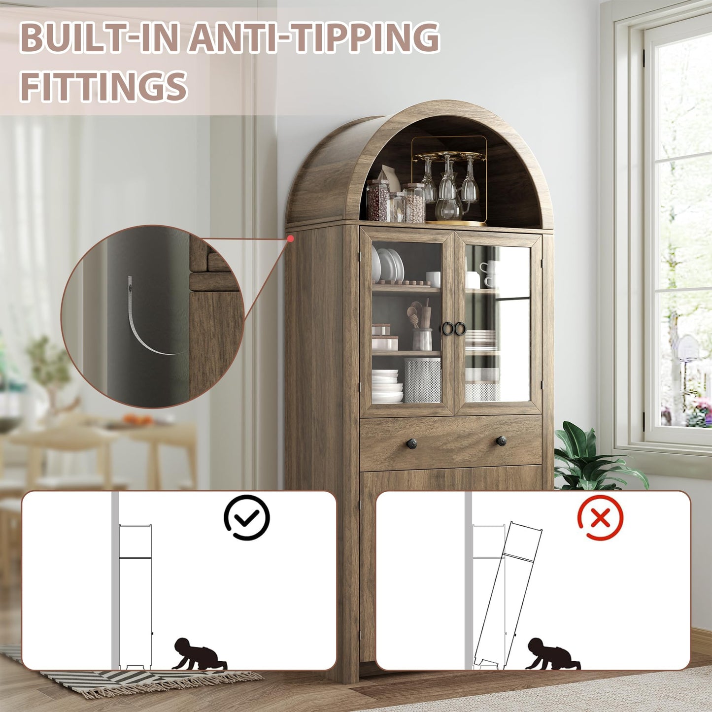 VAXZOFI Arched Kitchen Pantry Cabinet, 71" Tall Wood Kitchens Storage Cabinets with Glass Door and Adjustable Shelves, Modern Farmhouse Versatile Cupboard for Kitchen, Dining Room, Bathroom