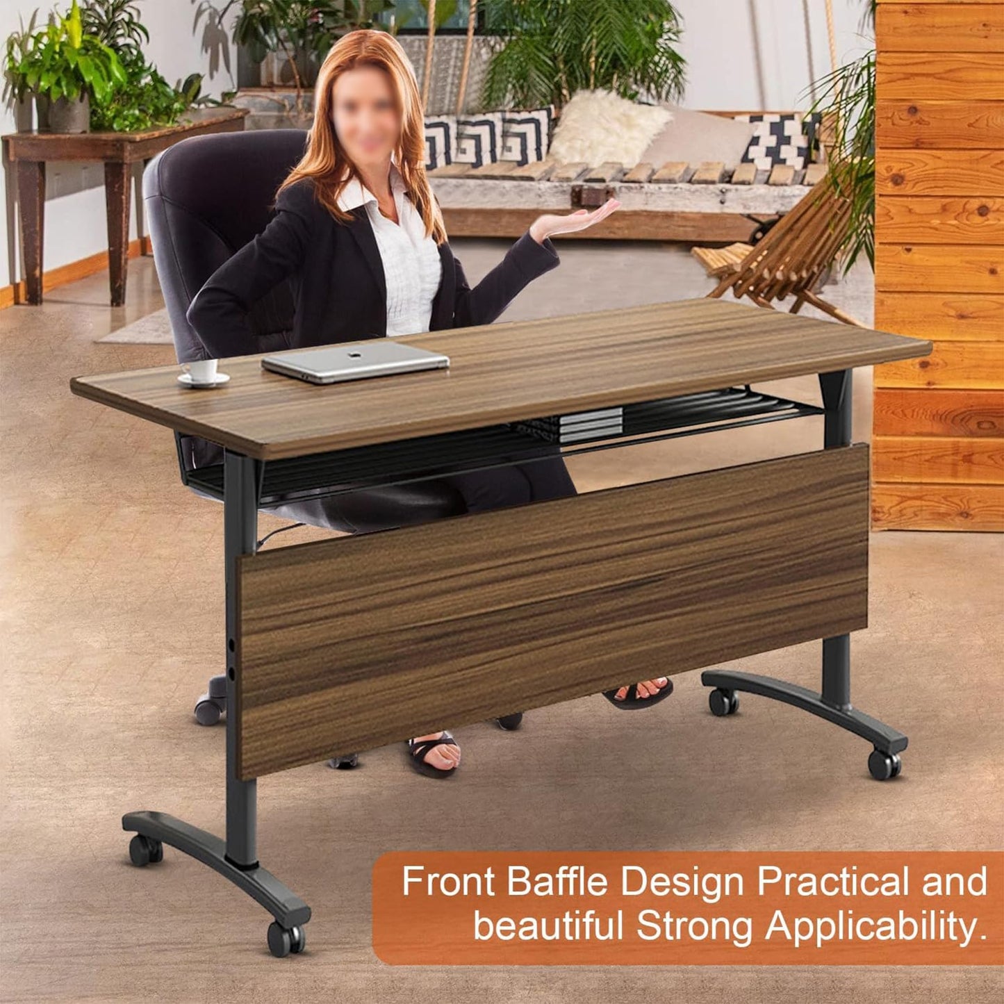 Generic, 1pcs, Modern, Brown Conference Table with Wheels for Training, Seminar, Meeting