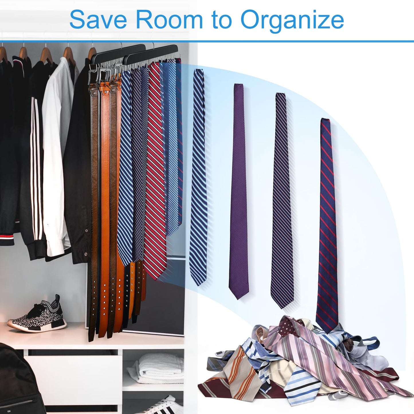Belt Hanger for Closet Max 42 Belts, Sturdy Wood Belt Rack Closet Accessories with 14 Hooks Belt Organizer for Closet Organizers and Storage -Black 1 Pack