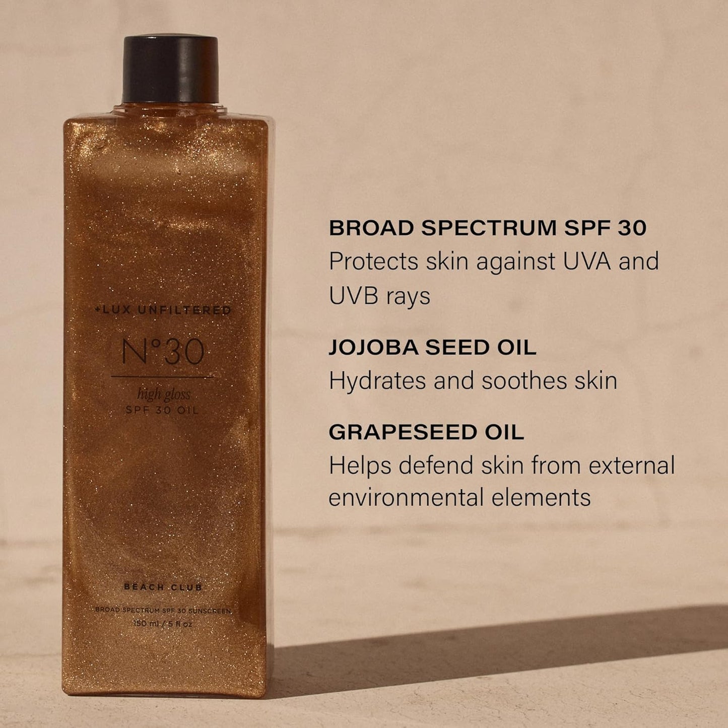'+ Lux Unfiltered N°30 Shimmer Body Oil with SPF 30 - Hydrating & Nourishing High Gloss Tanning Oil, Instant Bronze Shimmer Sunscreen - Oxybenzone Free - Broad Spectrum Sunscreen SPF 30