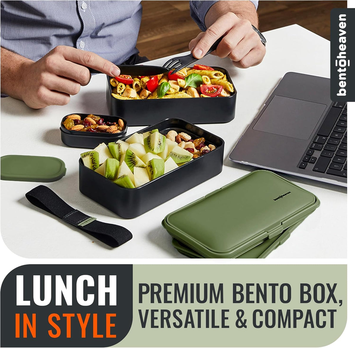 Bentoheaven Premium Bento Box Adult Lunch Box with Compartments for Women & Men, Set of Utensil & Chopsticks & Dip Container, Cute Japanese Kids Bento Lunch Box, Microwavable (Olive Garden)